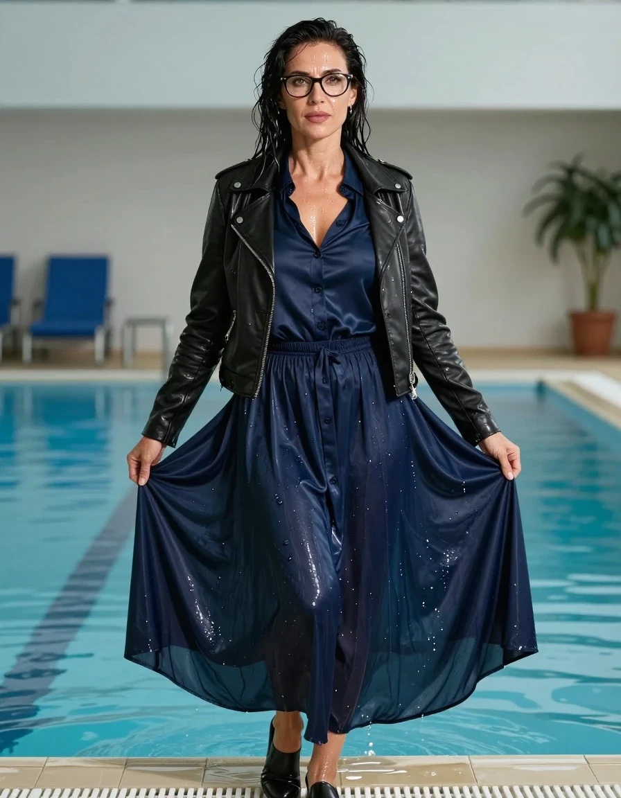 photo of young woman, in soaking wet, drenched clothes,
black shoes, maxi dark blue skirt , dark blue silk satin shirt with long sleeves, black leather byker jacket, after swim in pool, enjoying wet clothes stuck body, enjoying, wet clothes stuck to body, 
enjoying, wet clothes stuck to body,
detailed textures of the wet clothes, wet face, wet plastered hair,
wet, drenched, professional, high-quality details, full body view.
sharp focus, ultra-high pixel detail, realistic, high-quality, full colors, incredibly detailed, 4k, 8k, 16k, hyper-realistic, RAW photo, masterpiece, ultra-detailed, professionally color graded, professional photograph, europen brunette skinny woman 50 years old, long dark black hair, office glasses, very big and thick lips, complete body, wet skin, wet clothes, damp fabric, wet skin, wet clothes, damp fabric, wet skin, wet clothes, damp fabric, wet skin, wet clothes, damp fabric, wet skin, wet clothes, damp fabric, wet skin, wet clothes, damp fabric, wet skin, wet clothes, damp fabric