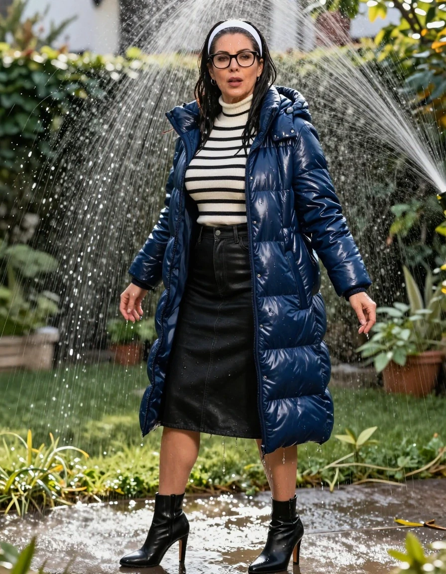 photo of young woman, in soaking wet, drenched clothes,
high-heeled boots, midi black leather denim skirt, white & black striped high-neck sweater, maxi dark blue Shiny puffer down jacket, under sprinklers in sunny garden, enjoying wet clothes stuck body, enjoying, wet clothes stuck to body, 
enjoying, wet clothes stuck to body,
detailed textures of the wet clothes, wet face, wet plastered hair,
wet, drenched, professional, high-quality details, full body view.
sharp focus, ultra-high pixel detail, realistic, high-quality, full colors, incredibly detailed, 4k, 8k, 16k, hyper-realistic, RAW photo, masterpiece, ultra-detailed, professionally color graded, professional photograph, europen brunette skinny woman 50 years old, long dark black hair, white headband, office glasses, very big and thick lips, complete body, wet skin, wet clothes, damp fabric, wet skin, wet clothes, damp fabric, wet skin, wet clothes, damp fabric, wet skin, wet clothes, damp fabric, wet skin, wet clothes, damp fabric, wet skin, wet clothes, damp fabric, wet skin, wet clothes, damp fabric