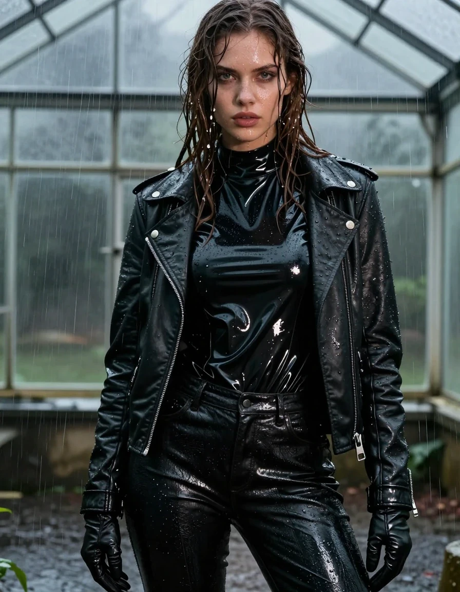 A photorealistic close-up portrait of a young adult European woman with long, dripping wet brown hair plastered against her face and shoulders. Her skin is glistening with a heavy sheen of water, reflecting the ambient light. She is wearing an oversized, high-shine black vinyl polar neck shirt, a heavy black biker's leather jacket, and black leather gloves on both hands. Her legs are clad in black leather jeans that are visibly soaked, with deep, dark patches, heavy wet folds, and intense glossy specular reflections on the seams and creases, emphasizing the saturated material. She is standing inside a dark, atmospheric greenhouse during a torrential downpour; water is leaking through the glass panes above, creating streaks of rain and a misty, humid environment. Her clothes are heavy with moisture, clinging to her form with realistic damp fabric textures. The lighting is moody and dramatic, highlighting the wet textures and the glossy surfaces of the leather and vinyl. High-detail photography, 8k resolution, cinematic lighting, sharp focus on facial features and garment textures, non-nude.
