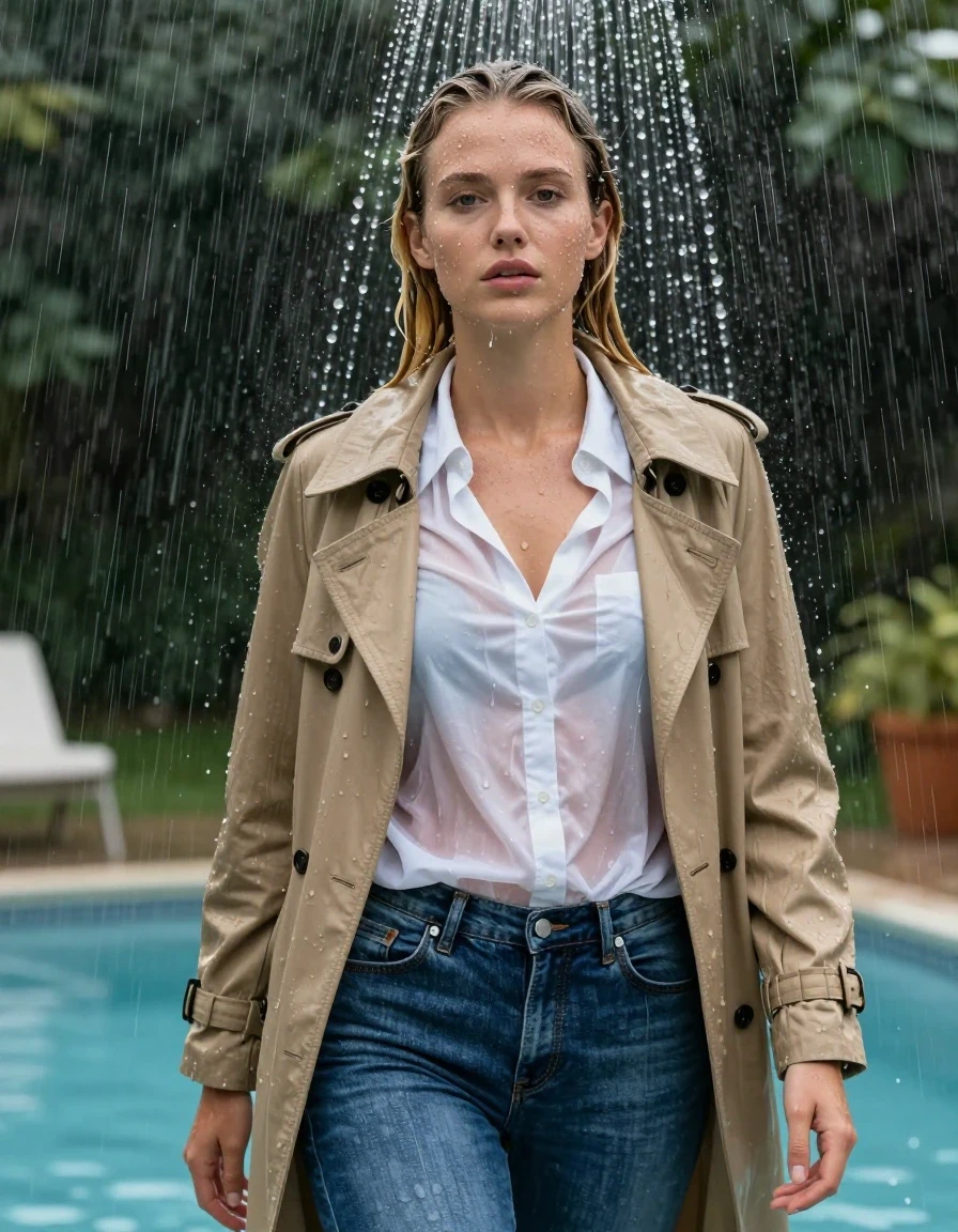 photo of young woman, in soaking wet, drenched clothes,
blue jeans, white shirt blouse, trenchcoat, pool, 
enjoying, wet clothes stuck to body,
detailed textures of the wet clothes, wet face, wet plastered hair,
wet, drenched, professional, high-quality details, full body view.
sharp focus, ultra-high pixel detail, realistic, high-quality, full colors, incredibly detailed, 4k, 8k, 16k, hyper-realistic, RAW photo, masterpiece, ultra-detailed, professionally color graded, professional photograph, dripping wet, heavy rain, nasse haare, blond, shower, wet skin, wet clothes, damp fabric