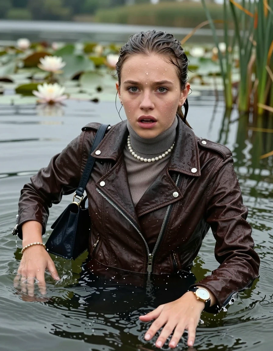 photo of young woman, in soaking wet, drenched clothes,
, , Biker leatherjacket, tight turtleneck sweater belly free, shoulderbag, pearl necklace, bracelet, wristwatch, Swimming and sinking deep into the water after diving in a lake with water lilies and reeds, 
enjoying, wet clothes stuck to body,
detailed textures of the wet clothes, wet face, wet plastered hair,
wet, drenched, professional, high-quality details, full body view.
sharp focus, ultra-high pixel detail, realistic, high-quality, full colors, incredibly detailed, 4k, 8k, 16k, hyper-realistic, RAW photo, masterpiece, ultra-detailed, professionally color graded, professional photograph, Sleek ponytail 

15 years old  teenage girl

Looking up at camera, Whole body and shoulders are submerged under the surface. horny eyes.

she is completely underwater up to her neck,  fearful and shocked expression. 

Threatens to drown.  Swimming Movements with Her Arms.

her submerged clothes are hardly vusible under water, she soaked her handbag into the water
she is completely underwater up to her neck, afraid and astonished expression. 

her clothing is soaking wet and clinging tightly to her skin, showing heavy wet folds, darkened fabric texture, and deep water-saturated Patches, her clothes are heavy from the water, water runs from her body and her clothes in streams. A lot of water also runs out of her clothes. Her clothes are darkened by the water. Her submerged clothes are good visible under the water.  she soaked her handbag into the water.

close up view, wet skin, wet clothes, wet hair, damp fabric, water runs down the clothes, wet skin, wet clothes, damp fabric. cinematic medium shot, hyper-realistic wetness, high-contrast water sheen, sharp focus, 16k resolution, professional photography, realistic water physics., wet skin, wet clothes, damp fabric, wet skin, wet clothes, damp fabric, wet skin, wet clothes, damp fabric