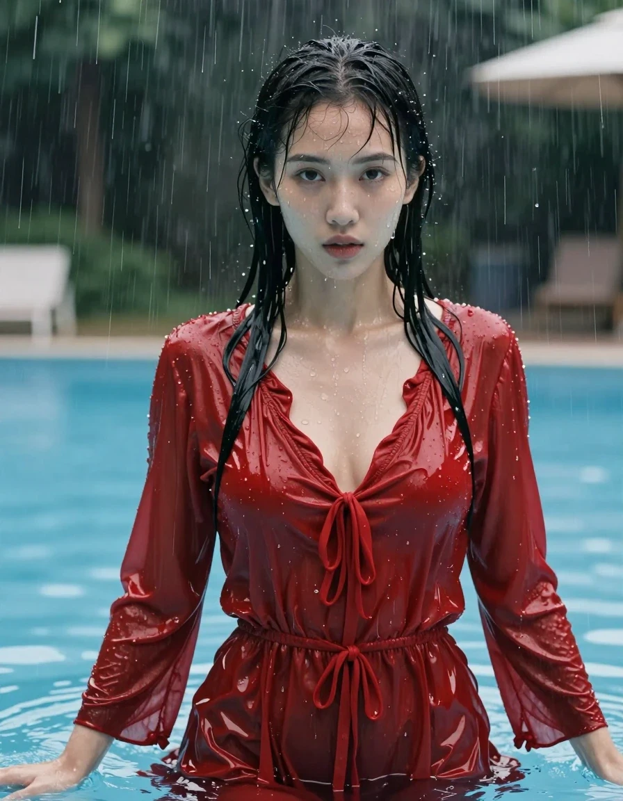 photo of young woman, in soaking wet, drenched clothes,
red silk lon gown, red blouse, seethrouh, pool, 
enjoying, wet clothes stuck to body,
detailed textures of the wet clothes, wet face, wet plastered hair,
wet, drenched, professional, high-quality details, full body view.
sharp focus, ultra-high pixel detail, realistic, high-quality, full colors, incredibly detailed, 4k, 8k, 16k, hyper-realistic, RAW photo, masterpiece, ultra-detailed, professionally color graded, professional photograph, dripping wet, heavy rain, black hair, wet skin, wet clothes, damp fabric