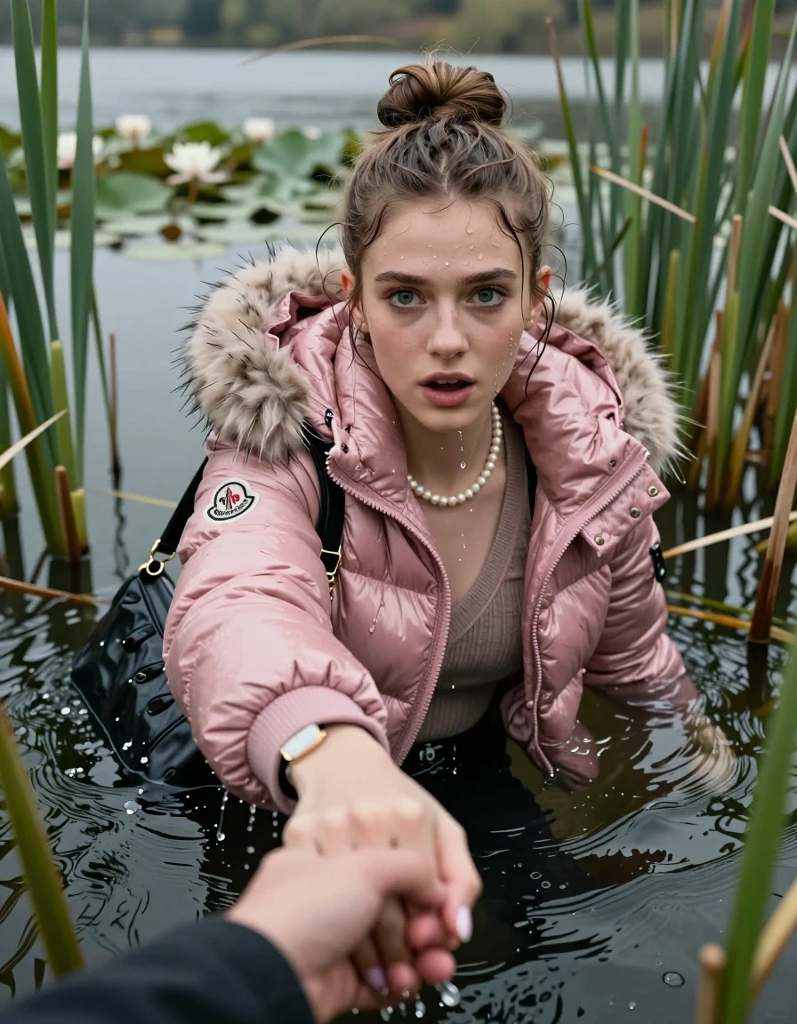 photo of young woman, in soaking wet, drenched clothes,
, black leatherleggings , Pink Moncler shiny puffer down coat with fur, v-neck sweater, shoulderbag, pearl necklace, bracelet, wristwatch, Go back deep into the water after diving in a lake with water lilies and reeds, 
enjoying, wet clothes stuck to body,
detailed textures of the wet clothes, wet face, wet plastered hair,
wet, drenched, professional, high-quality details, full body view.
sharp focus, ultra-high pixel detail, realistic, high-quality, full colors, incredibly detailed, 4k, 8k, 16k, hyper-realistic, RAW photo, masterpiece, ultra-detailed, professionally color graded, professional photograph, Topknot

15 years old  teenage girl

Looking up, head in the neck, open mouth, big eyes. hold with her hands the other the viewer's hand, pulling them toward the center of the water.  Whole body and shoulders are submerged under the surface. Looking up at camera. horny eyes.

she is completely underwater up to her neck,  afraid and sexuell astonished expression.

She hides in the reeds.

her submerged clothes are hardly vusible under water, she soaked her handbag into the water
she is completely underwater up to her neck, afraid and astonished expression. 

her clothing is soaking wet and clinging tightly to her skin, showing heavy wet folds, darkened fabric texture, and deep water-saturated Patches, her clothes are heavy from the water, water runs from her body and her clothes in streams. A lot of water also runs out of her clothes. Her clothes are darkened by the water. Her submerged clothes are good visible under the water.  she soaked her handbag into the water.

close up view, wet skin, wet clothes, wet hair, damp fabric, water runs down the clothes, wet skin, wet clothes, damp fabric. cinematic medium shot, hyper-realistic wetness, high-contrast water sheen, sharp focus, 16k resolution, professional photography, realistic water physics., wet skin, wet clothes, damp fabric, wet skin, wet clothes, damp fabric, wet skin, wet clothes, damp fabric