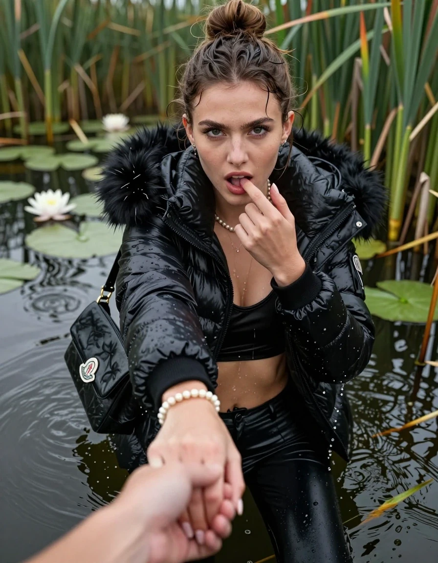 photo of young woman, in soaking wet, drenched clothes,
, black leatherleggings , Moncler shiny puffer down coat with fur, tight sexy longsleeve crop top with wide neckline belly free, handbag, pearl necklace, bracelet, wristwatch, Emerging after diving in a lake with water lilies and reeds, 
enjoying, wet clothes stuck to body,
detailed textures of the wet clothes, wet face, wet plastered hair,
wet, drenched, professional, high-quality details, full body view.
sharp focus, ultra-high pixel detail, realistic, high-quality, full colors, incredibly detailed, 4k, 8k, 16k, hyper-realistic, RAW photo, masterpiece, ultra-detailed, professionally color graded, professional photograph, Topknot

15 years old  teenage girl

open mouth, big eyes. 0ne hand with a finger at her tongue  inside her mouth, hold with the other the viewer's hand, pulling them toward the center of the water. Laying her breast and arms on the surface.  Whole body and shoulders are submerged under the surface. Looking up at camera. horny eyes.

she is completely underwater up to her neck,  horny and sexuell aroused expression.

She hides in the reeds.

her submerged clothes are hardly vusible under water, she soaked her handbag into the water
she is completely underwater up to her neck, afraid and astonished expression. 

her clothing is soaking wet and clinging tightly to her skin, showing heavy wet folds, darkened fabric texture, and deep water-saturated Patches, her clothes are heavy from the water, water runs from her body and her clothes in streams. A lot of water also runs out of her clothes. Her clothes are darkened by the water. Her submerged clothes are good visible under the water.  she soaked her handbag into the water.

close up view, wet skin, wet clothes, wet hair, damp fabric, water runs down the clothes, wet skin, wet clothes, damp fabric. cinematic medium shot, hyper-realistic wetness, high-contrast water sheen, sharp focus, 16k resolution, professional photography, realistic water physics., wet skin, wet clothes, damp fabric, wet skin, wet clothes, damp fabric