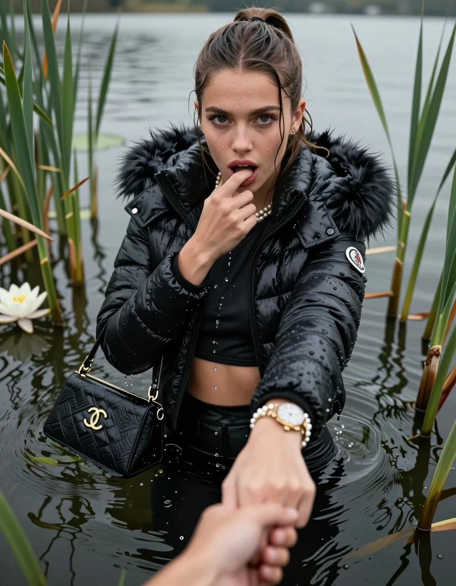 photo of young woman, in soaking wet, drenched clothes,
, black leatherleggings , Moncler shiny puffer down jacket with fur, tight sexy longsleeve crop top with wide neckline belly free, handbag, pearl necklace, bracelet, wristwatch, Emerging after diving in a lake with water lilies and reeds, 
enjoying, wet clothes stuck to body,
detailed textures of the wet clothes, wet face, wet plastered hair,
wet, drenched, professional, high-quality details, full body view.
sharp focus, ultra-high pixel detail, realistic, high-quality, full colors, incredibly detailed, 4k, 8k, 16k, hyper-realistic, RAW photo, masterpiece, ultra-detailed, professionally color graded, professional photograph, Sleek long ponytail with bangs

15 years old  teenage girl

open mouth, big eyes. 0ne hand with a finger at her tongue  inside her mouth, hold with the other the viewer's hand, pulling them toward the center of the water. Laying her breast and arms on the surface.  Whole body and shoulders are submerged under the surface. Looking up at camera. horny eyes.

she is completely underwater up to her neck,  horny and sexuell aroused expression.

She hides in the reeds.

her submerged clothes are hardly vusible under water, she soaked her handbag into the water
she is completely underwater up to her neck, afraid and astonished expression. 

her clothing is soaking wet and clinging tightly to her skin, showing heavy wet folds, darkened fabric texture, and deep water-saturated Patches, her clothes are heavy from the water, water runs from her body and her clothes in streams. A lot of water also runs out of her clothes. Her clothes are darkened by the water. Her submerged clothes are good visible under the water.  she soaked her handbag into the water.

close up view, wet skin, wet clothes, wet hair, damp fabric, water runs down the clothes, wet skin, wet clothes, damp fabric. cinematic medium shot, hyper-realistic wetness, high-contrast water sheen, sharp focus, 16k resolution, professional photography, realistic water physics., wet skin, wet clothes, damp fabric, wet skin, wet clothes, damp fabric