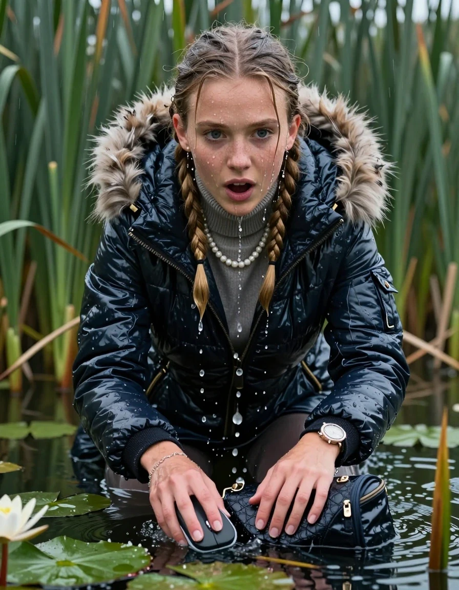 photo of young woman, in soaking wet, drenched clothes,
, , Moncler shiny puffer down coat with fur, tight turtleneck sweater with wide neckline belly free, handbag, pearl necklace, bracelet, wristwatch , Emerging after diving in a lake with water lilies and reeds, rain , 
enjoying, wet clothes stuck to body,
detailed textures of the wet clothes, wet face, wet plastered hair,
wet, drenched, professional, high-quality details, full body view.
sharp focus, ultra-high pixel detail, realistic, high-quality, full colors, incredibly detailed, 4k, 8k, 16k, hyper-realistic, RAW photo, masterpiece, ultra-detailed, professionally color graded, professional photograph, Blonde Pigtails

15 years old  teenage girl

Laying her breast on the surface.  Looking up at Camera . Hold her flat hand in front of her mouse. Water running down her face and neck and clothes.

she is completely underwater up to her neck, afraid and astonished expression but she giggles anyway.

She hides in the reeds and is surprised by spectators

her submerged clothes are hardly visible under water, she soaked her handbag into the water

her clothing is soaking wet and clinging tightly to her skin, showing heavy wet folds, darkened fabric texture, and deep water-saturated Patches, her clothes are heavy from the water, water runs from her body and her clothes in streams. A lot of water also runs out of her clothes. Her clothes are darkened by the water. Her submerged clothes are good visible under the water.  she soaked her handbag into the water.

close up view, wet skin, wet clothes, wet hair, damp fabric, water runs down the clothes, wet skin, wet clothes, damp fabric. cinematic medium shot, hyper-realistic wetness, high-contrast water sheen, sharp focus, 16k resolution, professional photography, realistic water physics., wet skin, wet clothes, damp fabric, wet skin, wet clothes, damp fabric
