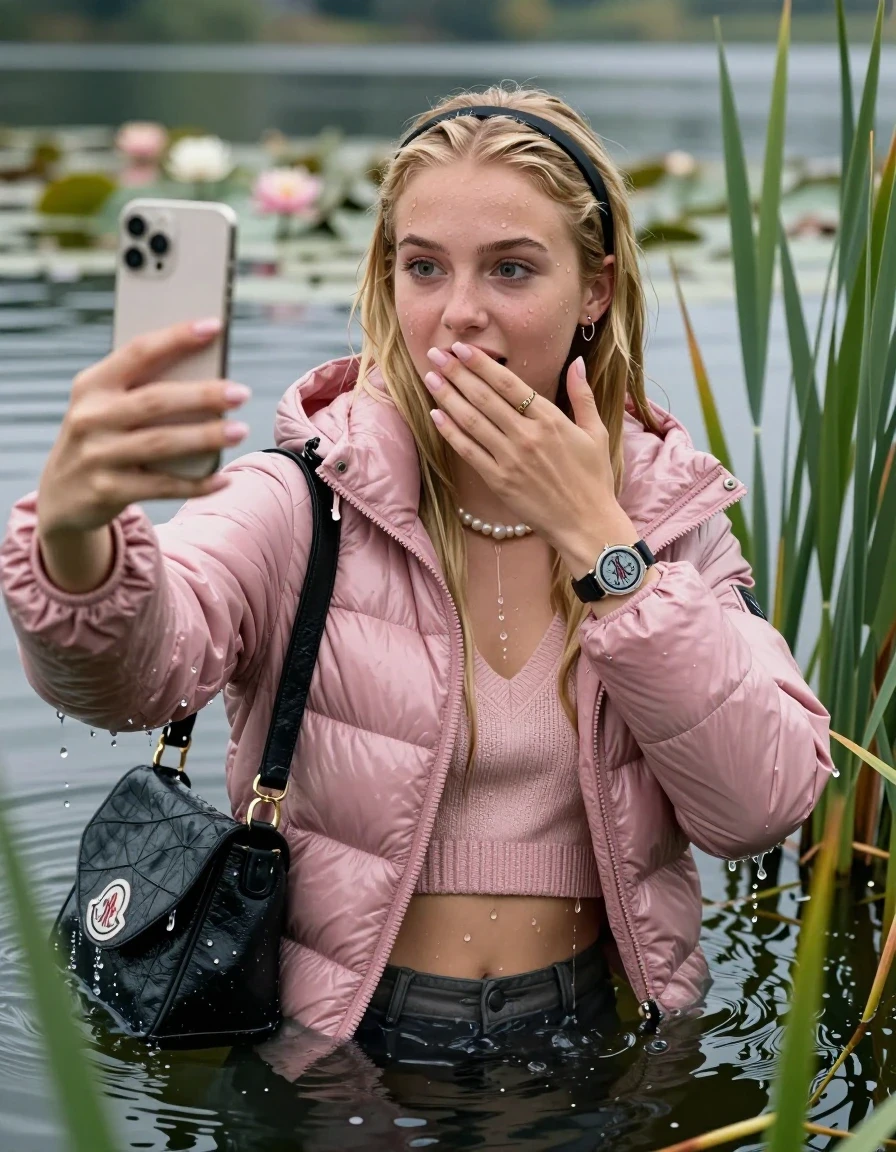 photo of young woman, in soaking wet, drenched clothes,
, , Pink Moncler shiny puffer down jacket, Knit v-neck slipover belly free, shoulderbag, pearl necklace, bracelet, wristwatch, Go back in the water after diving in a lake with water lilies and reeds, 
enjoying, wet clothes stuck to body,
detailed textures of the wet clothes, wet face, wet plastered hair,
wet, drenched, professional, high-quality details, full body view.
sharp focus, ultra-high pixel detail, realistic, high-quality, full colors, incredibly detailed, 4k, 8k, 16k, hyper-realistic, RAW photo, masterpiece, ultra-detailed, professionally color graded, professional photograph, Blonde sleek Long straight hair, hairband

15 years old  teenage girl

Looking at camera, open mouth, horny eyes. Cover her mouth with her hand. Take a Selfie with the other hand. Whole body and shoulders are submerged under the surface.

she is completely underwater up to her neck,  shocked expression.

She hides in the reeds.

her submerged clothes are hardly visible under water, she soaked her handbag into the water. 

her clothing is soaking wet and clinging tightly to her skin, her clothes are heavy from the water, water runs from her body and her clothes in streams. A lot of water also runs out of her clothes. Her clothes are darkened by the water. Her submerged clothes are good visible under the water.  she soaked her handbag into the water.

close up view, wet skin, wet clothes, wet hair, damp fabric, water runs down the clothes, wet skin, wet clothes, damp fabric. cinematic medium shot, hyper-realistic wetness, high-contrast water sheen, sharp focus, 16k resolution, professional photography, realistic water physics., wet skin, wet clothes, damp fabric, wet skin, wet clothes, damp fabric, wet skin, wet clothes, damp fabric, wet skin, wet clothes, damp fabric