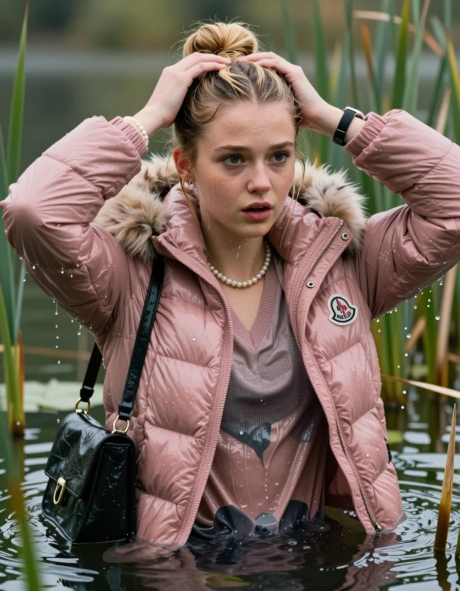 photo of young woman, in soaking wet, drenched clothes,
, , Pink Moncler shiny puffer down coat with fur, v-neck sweater, shoulderbag, pearl necklace, bracelet, wristwatch, Go back in the water after diving in a lake with water lilies and reeds, 
enjoying, wet clothes stuck to body,
detailed textures of the wet clothes, wet face, wet plastered hair,
wet, drenched, professional, high-quality details, full body view.
sharp focus, ultra-high pixel detail, realistic, high-quality, full colors, incredibly detailed, 4k, 8k, 16k, hyper-realistic, RAW photo, masterpiece, ultra-detailed, professionally color graded, professional photograph, Blonde Topknot

15 years old  teenage girl

Looking slightly away, open mouth, big eyes. hands up over her head. Whole body and shoulders are submerged under the surface. Looking up at camera. horny eyes.

she is completely underwater up to her neck,  sad but enjoying expression.

She hides in the reeds.

her submerged clothes are hardly vusible under water, she soaked her handbag into the water
she is completely underwater up to her neck, afraid and astonished expression. 

her clothing is soaking wet and clinging tightly to her skin, showing heavy wet folds, darkened fabric texture, and deep water-saturated Patches, her clothes are heavy from the water, water runs from her body and her clothes in streams. A lot of water also runs out of her clothes. Her clothes are darkened by the water. Her submerged clothes are good visible under the water.  she soaked her handbag into the water.

close up view, wet skin, wet clothes, wet hair, damp fabric, water runs down the clothes, wet skin, wet clothes, damp fabric. cinematic medium shot, hyper-realistic wetness, high-contrast water sheen, sharp focus, 16k resolution, professional photography, realistic water physics., wet skin, wet clothes, damp fabric, wet skin, wet clothes, damp fabric, wet skin, wet clothes, damp fabric