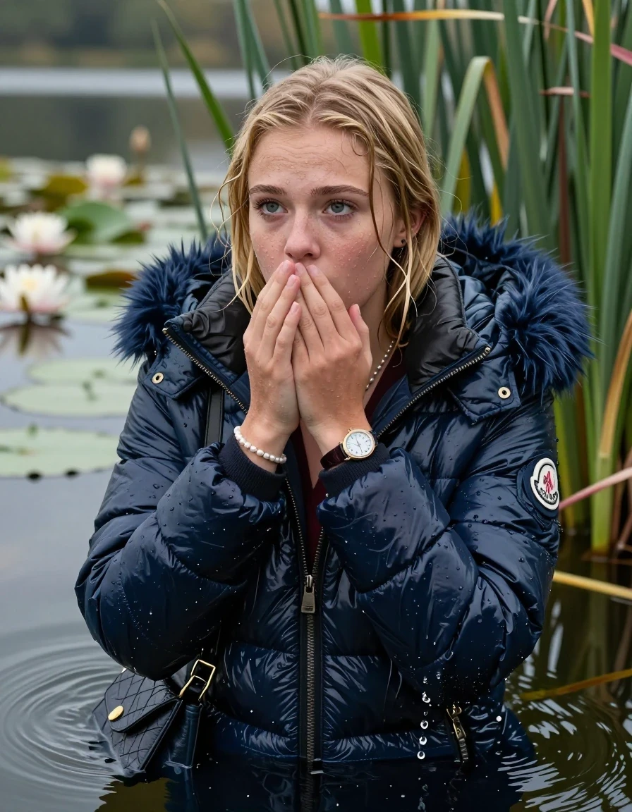photo of young woman, in soaking wet, drenched clothes,
, , Blue Moncler shiny puffer down coat with fur, v-neck sweater, shoulderbag, pearl necklace, bracelet, wristwatch, Go back in the water after diving in a lake with water lilies and reeds, 
enjoying, wet clothes stuck to body,
detailed textures of the wet clothes, wet face, wet plastered hair,
wet, drenched, professional, high-quality details, full body view.
sharp focus, ultra-high pixel detail, realistic, high-quality, full colors, incredibly detailed, 4k, 8k, 16k, hyper-realistic, RAW photo, masterpiece, ultra-detailed, professionally color graded, professional photograph, Blonde sleek Long straight hair

15 years old  teenage girl

Looking slightly away, open mouth, big eyes. hands on her mouth. Whole body and shoulders are submerged under the surface. Looking up at camera. horny eyes.

she is completely underwater up to her neck,  sad but enjoying expression.

She hides in the reeds.

her submerged clothes are hardly vusible under water, she soaked her handbag into the water
she is completely underwater up to her neck, afraid and astonished expression. 

her clothing is soaking wet and clinging tightly to her skin, showing heavy wet folds, darkened fabric texture, and deep water-saturated Patches, her clothes are heavy from the water, water runs from her body and her clothes in streams. A lot of water also runs out of her clothes. Her clothes are darkened by the water. Her submerged clothes are good visible under the water.  she soaked her handbag into the water.

close up view, wet skin, wet clothes, wet hair, damp fabric, water runs down the clothes, wet skin, wet clothes, damp fabric. cinematic medium shot, hyper-realistic wetness, high-contrast water sheen, sharp focus, 16k resolution, professional photography, realistic water physics., wet skin, wet clothes, damp fabric, wet skin, wet clothes, damp fabric, wet skin, wet clothes, damp fabric