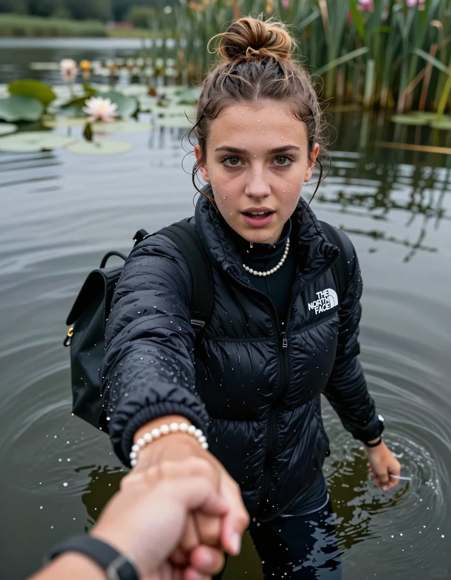 photo of young woman, in soaking wet, drenched clothes,
, , North face puffer down jacket, tight turtleneck sweater belly free, shoulderbag, pearl necklace, bracelet, wristwatch, Go back deep into the water after diving in a lake with water lilies and reeds, 
enjoying, wet clothes stuck to body,
detailed textures of the wet clothes, wet face, wet plastered hair,
wet, drenched, professional, high-quality details, full body view.
sharp focus, ultra-high pixel detail, realistic, high-quality, full colors, incredibly detailed, 4k, 8k, 16k, hyper-realistic, RAW photo, masterpiece, ultra-detailed, professionally color graded, professional photograph, Topknot

15 years old  teenage girl

Looking up at camera, open mouth, big eyes. hold with a hand the other the viewer's hand, pulling them toward the center of the water. One hand take a Selfie. Whole body and shoulders are submerged under the surface. Looking up at camera. horny eyes.

she is completely underwater up to her neck,  afraid and astonished expression. Slightly smile.

her submerged clothes are hardly vusible under water, she soaked her handbag into the water
she is completely underwater up to her neck, afraid and astonished expression. 

her clothing is soaking wet and clinging tightly to her skin, showing heavy wet folds, darkened fabric texture, and deep water-saturated Patches, her clothes are heavy from the water, water runs from her body and her clothes in streams. A lot of water also runs out of her clothes. Her clothes are darkened by the water. Her submerged clothes are good visible under the water.  she soaked her handbag into the water.

close up view, wet skin, wet clothes, wet hair, damp fabric, water runs down the clothes, wet skin, wet clothes, damp fabric. cinematic medium shot, hyper-realistic wetness, high-contrast water sheen, sharp focus, 16k resolution, professional photography, realistic water physics., wet skin, wet clothes, damp fabric, wet skin, wet clothes, damp fabric, wet skin, wet clothes, damp fabric