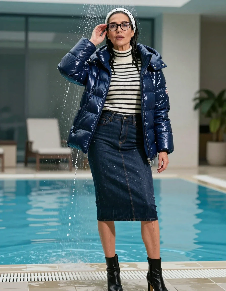 photo of young woman, in soaking wet, drenched clothes,
high-heeled boots, midi dark blue denim skirt, white & black striped high-neck sweater, maxi dark blue Moncler Shiny puffer down jacket, taking shower after bath in indoor swimming pool, enjoying wet clothes stuck body, enjoying, wet clothes stuck to body, 
enjoying, wet clothes stuck to body,
detailed textures of the wet clothes, wet face, wet plastered hair,
wet, drenched, professional, high-quality details, full body view.
sharp focus, ultra-high pixel detail, realistic, high-quality, full colors, incredibly detailed, 4k, 8k, 16k, hyper-realistic, RAW photo, masterpiece, ultra-detailed, professionally color graded, professional photograph, europen brunette skinny woman 50 years old, long dark black hair, white headband with black polka dots, office glasses, very big and thick lips, complete body, wet skin, wet clothes, damp fabric, wet skin, wet clothes, damp fabric, wet skin, wet clothes, damp fabric, wet skin, wet clothes, damp fabric, wet skin, wet clothes, damp fabric, wet skin, wet clothes, damp fabric, wet skin, wet clothes, damp fabric
