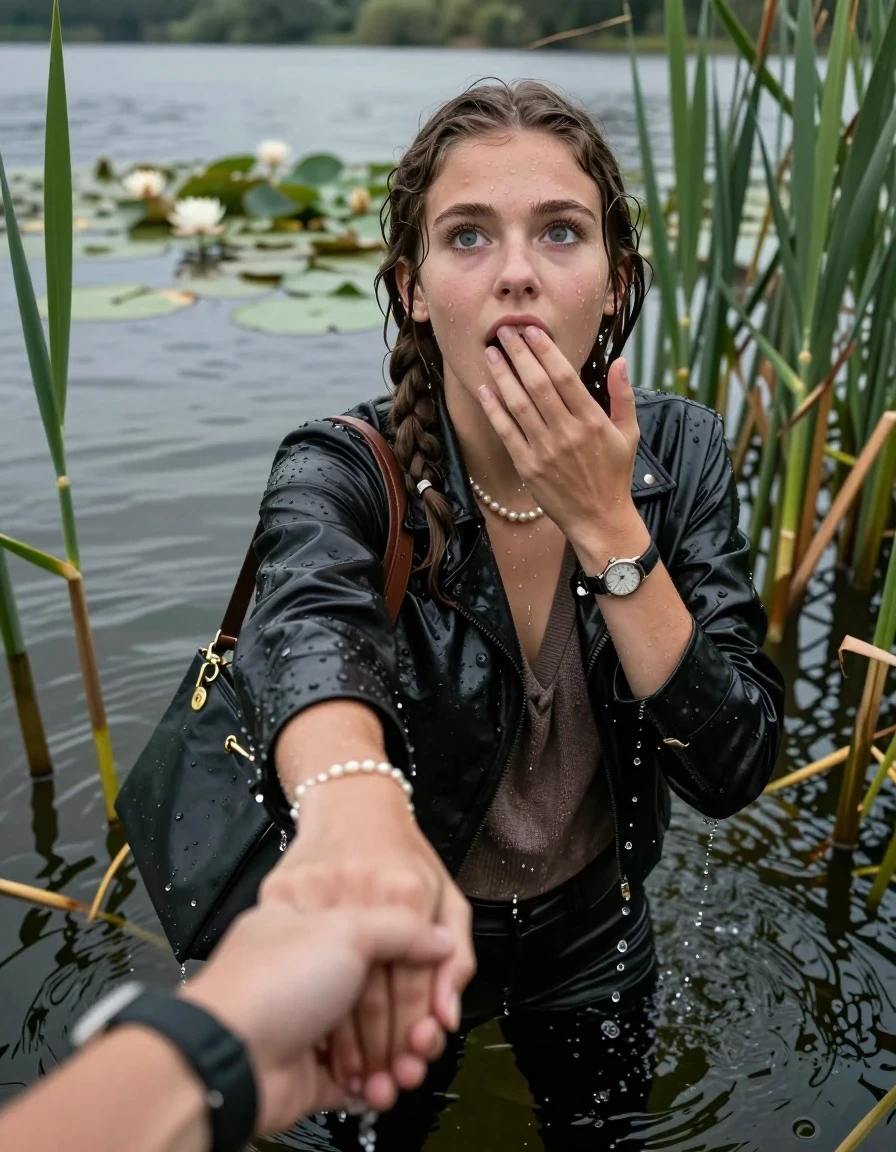 photo of young woman, in soaking wet, drenched clothes,
, black leatherleggings , Learherjacket, v-neck sweater, shoulderbag, pearl necklace, bracelet, wristwatch, Go back deep into the water after diving in a lake with water lilies and reeds, 
enjoying, wet clothes stuck to body,
detailed textures of the wet clothes, wet face, wet plastered hair,
wet, drenched, professional, high-quality details, full body view.
sharp focus, ultra-high pixel detail, realistic, high-quality, full colors, incredibly detailed, 4k, 8k, 16k, hyper-realistic, RAW photo, masterpiece, ultra-detailed, professionally color graded, professional photograph, Pigtails

15 years old  teenage girl

Looking up, head in the neck, open mouth, big eyes. hold with a hand the other the viewer's hand, pulling them toward the center of the water. One hand on her mouth. Whole body and shoulders are submerged under the surface. Looking up at camera. horny eyes.

she is completely underwater up to her neck,  afraid and astonished expression.

She hides in the reeds.

her submerged clothes are hardly vusible under water, she soaked her handbag into the water
she is completely underwater up to her neck, afraid and astonished expression. 

her clothing is soaking wet and clinging tightly to her skin, showing heavy wet folds, darkened fabric texture, and deep water-saturated Patches, her clothes are heavy from the water, water runs from her body and her clothes in streams. A lot of water also runs out of her clothes. Her clothes are darkened by the water. Her submerged clothes are good visible under the water.  she soaked her handbag into the water.

close up view, wet skin, wet clothes, wet hair, damp fabric, water runs down the clothes, wet skin, wet clothes, damp fabric. cinematic medium shot, hyper-realistic wetness, high-contrast water sheen, sharp focus, 16k resolution, professional photography, realistic water physics., wet skin, wet clothes, damp fabric, wet skin, wet clothes, damp fabric, wet skin, wet clothes, damp fabric