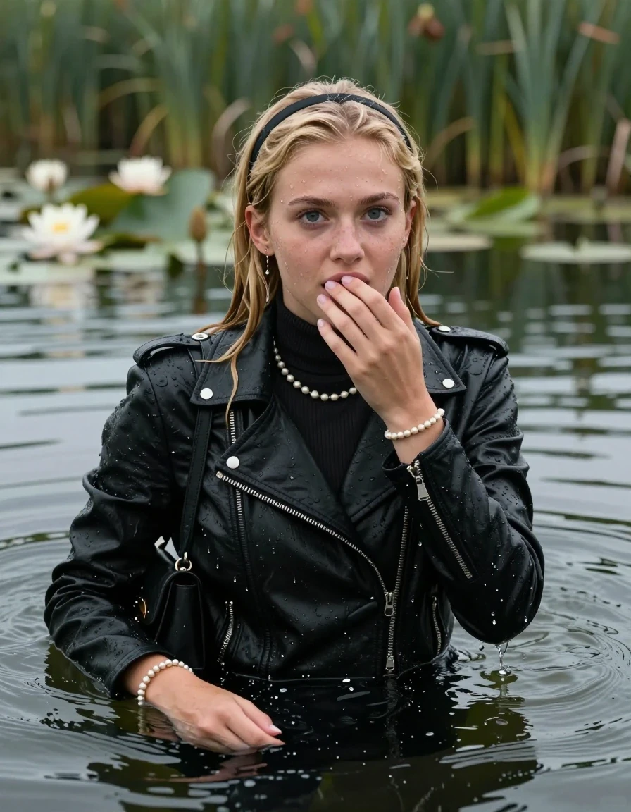 photo of young woman, in soaking wet, drenched clothes,
, , Black Biker leatherjacket, tight turtleneck sweater belly free, shoulderbag, pearl necklace, bracelet, wristwatch, drowning deep into the water after diving in a lake with water lilies and reeds, 
enjoying, wet clothes stuck to body,
detailed textures of the wet clothes, wet face, wet plastered hair,
wet, drenched, professional, high-quality details, full body view.
sharp focus, ultra-high pixel detail, realistic, high-quality, full colors, incredibly detailed, 4k, 8k, 16k, hyper-realistic, RAW photo, masterpiece, ultra-detailed, professionally color graded, professional photograph, Blonde Sleek long straight hair with hairband.

15 years old  teenage girl

Looking up at camera, Whole body and shoulders are submerged under the surface. horny eyes. One hand on her mouth.

she is completely underwater up to her neck,  afraid and astonished expression. Slightly smile. 

Threatens to drown.  Swimming Movements with Her Arms.

her submerged clothes are hardly vusible under water, she soaked her handbag into the water
she is completely underwater up to her neck, afraid and astonished expression. 

her clothing is soaking wet and clinging tightly to her skin, showing heavy wet folds, darkened fabric texture, and deep water-saturated Patches, her clothes are heavy from the water, water runs from her body and her clothes in streams. A lot of water also runs out of her clothes. Her clothes are darkened by the water. Her submerged clothes are good visible under the water.  she soaked her handbag into the water.

close up view, wet skin, wet clothes, wet hair, damp fabric, water runs down the clothes, wet skin, wet clothes, damp fabric. cinematic medium shot, hyper-realistic wetness, high-contrast water sheen, sharp focus, 16k resolution, professional photography, realistic water physics., wet skin, wet clothes, damp fabric, wet skin, wet clothes, damp fabric, wet skin, wet clothes, damp fabric