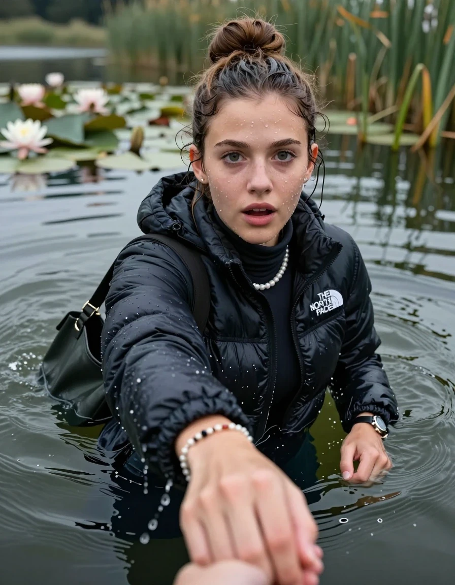 photo of young woman, in soaking wet, drenched clothes,
, , North face puffer down jacket, tight turtleneck sweater belly free, shoulderbag, pearl necklace, bracelet, wristwatch, Go back deep into the water after diving in a lake with water lilies and reeds, 
enjoying, wet clothes stuck to body,
detailed textures of the wet clothes, wet face, wet plastered hair,
wet, drenched, professional, high-quality details, full body view.
sharp focus, ultra-high pixel detail, realistic, high-quality, full colors, incredibly detailed, 4k, 8k, 16k, hyper-realistic, RAW photo, masterpiece, ultra-detailed, professionally color graded, professional photograph, Topknot

15 years old  teenage girl

Looking up at camera, open mouth, big eyes. hold with a hand the other the viewer's hand, pulling them toward the center of the water. One hand in front of her face. Whole body and shoulders are submerged under the surface. Looking up at camera. horny eyes.

she is completely underwater up to her neck,  afraid and astonished expression. Slightly smile.

her submerged clothes are hardly vusible under water, she soaked her handbag into the water
she is completely underwater up to her neck, afraid and astonished expression. 

her clothing is soaking wet and clinging tightly to her skin, showing heavy wet folds, darkened fabric texture, and deep water-saturated Patches, her clothes are heavy from the water, water runs from her body and her clothes in streams. A lot of water also runs out of her clothes. Her clothes are darkened by the water. Her submerged clothes are good visible under the water.  she soaked her handbag into the water.

close up view, wet skin, wet clothes, wet hair, damp fabric, water runs down the clothes, wet skin, wet clothes, damp fabric. cinematic medium shot, hyper-realistic wetness, high-contrast water sheen, sharp focus, 16k resolution, professional photography, realistic water physics., wet skin, wet clothes, damp fabric, wet skin, wet clothes, damp fabric, wet skin, wet clothes, damp fabric