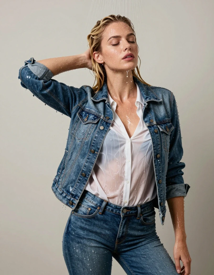photo of young woman, in soaking wet, drenched clothes,
blue jeans, white shirt blouse, jeans jacket, shower, 
enjoying, wet clothes stuck to body,
detailed textures of the wet clothes, wet face, wet plastered hair,
wet, drenched, professional, high-quality details, full body view.
sharp focus, ultra-high pixel detail, realistic, high-quality, full colors, incredibly detailed, 4k, 8k, 16k, hyper-realistic, RAW photo, masterpiece, ultra-detailed, professionally color graded, professional photograph, durchnässt, nasse haare, blond, ganzkörper, wet skin, wet clothes, damp fabric