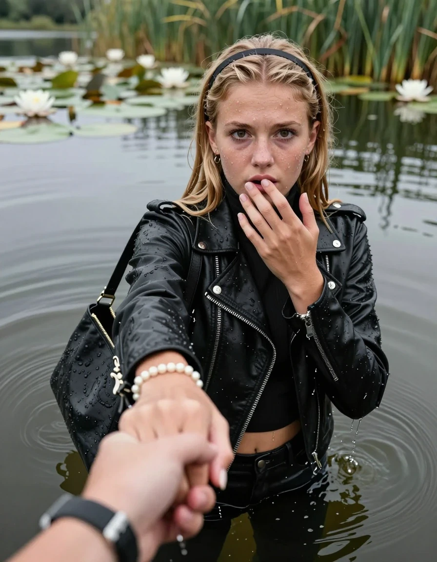 photo of young woman, in soaking wet, drenched clothes,
, , Black biker leatherjacket, tight turtleneck sweater belly free, shoulderbag, pearl necklace, bracelet, wristwatch, Go back deep into the water after diving in a lake with water lilies and reeds, 
enjoying, wet clothes stuck to body,
detailed textures of the wet clothes, wet face, wet plastered hair,
wet, drenched, professional, high-quality details, full body view.
sharp focus, ultra-high pixel detail, realistic, high-quality, full colors, incredibly detailed, 4k, 8k, 16k, hyper-realistic, RAW photo, masterpiece, ultra-detailed, professionally color graded, professional photograph, Blonde Sleek long straight hair with a hairband

15 years old  teenage girl

Looking up at camera, hold with a hand the other the viewer's hand, pulling them toward the center of the water. One hand on her mouth. Whole body and shoulders are submerged under the surface. Looking up at camera. horny eyes.

she is completely underwater up to her neck,  afraid and astonished expression. 

her submerged clothes are hardly vusible under water, she soaked her handbag into the water
she is completely underwater up to her neck, afraid and astonished expression. 

her clothing is soaking wet and clinging tightly to her skin, showing heavy wet folds, darkened fabric texture, and deep water-saturated Patches, her clothes are heavy from the water, water runs from her body and her clothes in streams. A lot of water also runs out of her clothes. Her clothes are darkened by the water. Her submerged clothes are good visible under the water.  she soaked her handbag into the water.

close up view, wet skin, wet clothes, wet hair, damp fabric, water runs down the clothes, wet skin, wet clothes, damp fabric. cinematic medium shot, hyper-realistic wetness, high-contrast water sheen, sharp focus, 16k resolution, professional photography, realistic water physics., wet skin, wet clothes, damp fabric, wet skin, wet clothes, damp fabric, wet skin, wet clothes, damp fabric, wet skin, wet clothes, damp fabric