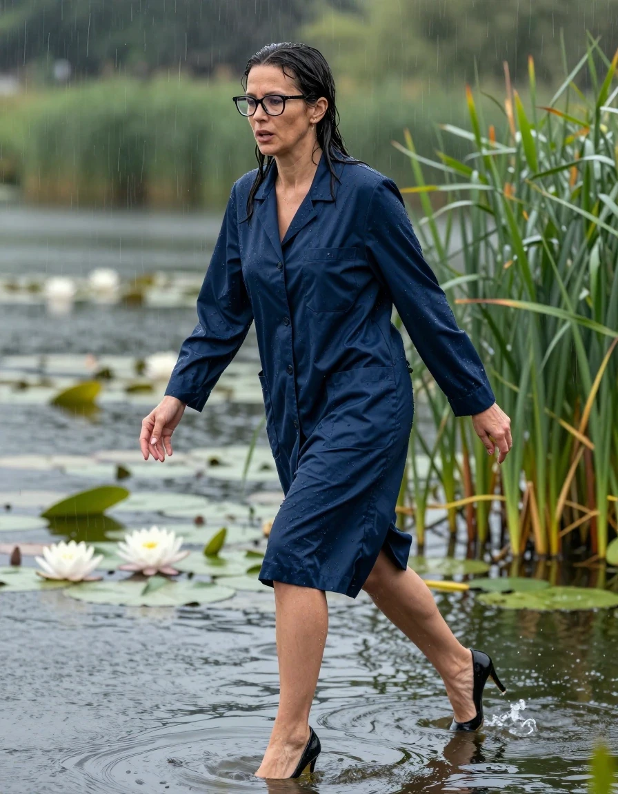 photo of young woman, in soaking wet, drenched clothes,
black shoes with high heels, maxi dark blue labcoat, maxi dark blue labcoat, Emerging submerged after diving in a lake with water lilies and reeds, rain,, enjoying wet clothes stuck body, enjoying, wet clothes stuck to body, 
enjoying, wet clothes stuck to body,
detailed textures of the wet clothes, wet face, wet plastered hair,
wet, drenched, professional, high-quality details, full body view.
sharp focus, ultra-high pixel detail, realistic, high-quality, full colors, incredibly detailed, 4k, 8k, 16k, hyper-realistic, RAW photo, masterpiece, ultra-detailed, professionally color graded, professional photograph, europen brunette skinny woman 50 years old, long dark black hair, office glasses, very big and thick lips, complete body, wet skin, wet clothes, damp fabric, wet skin, wet clothes, damp fabric, wet skin, wet clothes, damp fabric, wet skin, wet clothes, damp fabric, wet skin, wet clothes, damp fabric, wet skin, wet clothes, damp fabric, wet skin, wet clothes, damp fabric