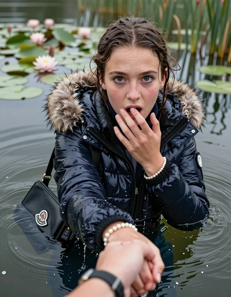 photo of young woman, in soaking wet, drenched clothes,
, , Moncler shiny puffer down jacket with fur, tight turtleneck sweater belly free, shoulderbag, pearl necklace, bracelet, wristwatch, Go back deep into the water after diving in a lake with water lilies and reeds, 
enjoying, wet clothes stuck to body,
detailed textures of the wet clothes, wet face, wet plastered hair,
wet, drenched, professional, high-quality details, full body view.
sharp focus, ultra-high pixel detail, realistic, high-quality, full colors, incredibly detailed, 4k, 8k, 16k, hyper-realistic, RAW photo, masterpiece, ultra-detailed, professionally color graded, professional photograph, Braided hair

15 years old  teenage girl

Looking up at camera, open mouth, big eyes. hold with a hand the other the viewer's hand, pulling them toward the center of the water. One hand on her mouth. Whole body and shoulders are submerged under the surface. Looking up at camera. horny eyes.

she is completely underwater up to her neck,  fearful and shocked expression. 

her submerged clothes are hardly vusible under water, she soaked her handbag into the water
she is completely underwater up to her neck, afraid and astonished expression. 

her clothing is soaking wet and clinging tightly to her skin, showing heavy wet folds, darkened fabric texture, and deep water-saturated Patches, her clothes are heavy from the water, water runs from her body and her clothes in streams. A lot of water also runs out of her clothes. Her clothes are darkened by the water. Her submerged clothes are good visible under the water.  she soaked her handbag into the water.

close up view, wet skin, wet clothes, wet hair, damp fabric, water runs down the clothes, wet skin, wet clothes, damp fabric. cinematic medium shot, hyper-realistic wetness, high-contrast water sheen, sharp focus, 16k resolution, professional photography, realistic water physics., wet skin, wet clothes, damp fabric, wet skin, wet clothes, damp fabric, wet skin, wet clothes, damp fabric