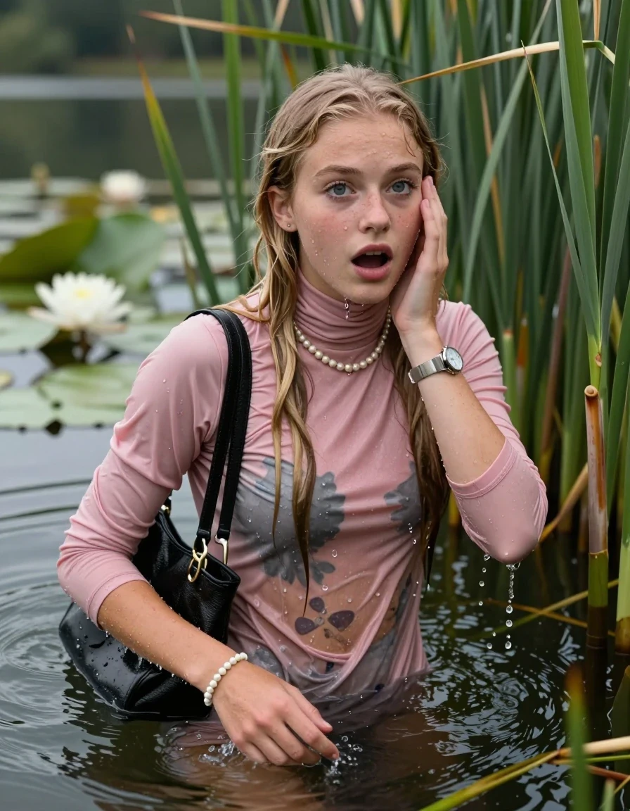 photo of young woman, in soaking wet, drenched clothes,
, , Pink Turtleneck sweater belly free , shoulderbag, pearl necklace, bracelet, wristwatch, Go back in the water after diving in a lake with water lilies and reeds, 
enjoying, wet clothes stuck to body,
detailed textures of the wet clothes, wet face, wet plastered hair,
wet, drenched, professional, high-quality details, full body view.
sharp focus, ultra-high pixel detail, realistic, high-quality, full colors, incredibly detailed, 4k, 8k, 16k, hyper-realistic, RAW photo, masterpiece, ultra-detailed, professionally color graded, professional photograph, Slim  Blonde sleek Long straight hair

15 years old  teenage girl

Looking at camera, open mouth, big eyes. Hold a hand on her face. Whole body and shoulders are submerged under the surface.

she is completely underwater up to her neck,  horny and shocked expression.

She hides in the reeds.

her submerged clothes are hardly vusible under water, she soaked her handbag into the water

her clothing is soaking wet and clinging tightly to her skin, showing heavy wet folds, darkened fabric texture, and deep water-saturated Patches, her clothes are heavy from the water, water runs from her body and her clothes in streams. A lot of water also runs out of her clothes. Her submerged clothes are good visible under the water.  she soaked her handbag into the water.

close up view, wet skin, wet clothes, wet hair, damp fabric, water runs down the clothes, wet skin, wet clothes, damp fabric. cinematic medium shot, hyper-realistic wetness, high-contrast water sheen, sharp focus, 16k resolution, professional photography, realistic water physics., wet skin, wet clothes, damp fabric, wet skin, wet clothes, damp fabric, wet skin, wet clothes, damp fabric