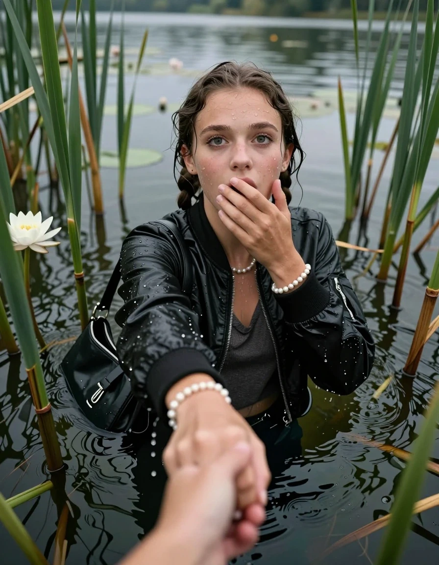 photo of young woman, in soaking wet, drenched clothes,
, black leatherleggings , Bomber jacket, v-neck sweater, shoulderbag, pearl necklace, bracelet, wristwatch, Go back deep into the water after diving in a lake with water lilies and reeds, 
enjoying, wet clothes stuck to body,
detailed textures of the wet clothes, wet face, wet plastered hair,
wet, drenched, professional, high-quality details, full body view.
sharp focus, ultra-high pixel detail, realistic, high-quality, full colors, incredibly detailed, 4k, 8k, 16k, hyper-realistic, RAW photo, masterpiece, ultra-detailed, professionally color graded, professional photograph, Pigtails

15 years old  teenage girl

Looking up, head in the neck, open mouth, big eyes. hold with a hand the other the viewer's hand, pulling them toward the center of the water. One hand on her mouth. Whole body and shoulders are submerged under the surface. Looking up at camera. horny eyes.

she is completely underwater up to her neck,  afraid and astonished expression.

She hides in the reeds.

her submerged clothes are hardly vusible under water, she soaked her handbag into the water
she is completely underwater up to her neck, afraid and astonished expression. 

her clothing is soaking wet and clinging tightly to her skin, showing heavy wet folds, darkened fabric texture, and deep water-saturated Patches, her clothes are heavy from the water, water runs from her body and her clothes in streams. A lot of water also runs out of her clothes. Her clothes are darkened by the water. Her submerged clothes are good visible under the water.  she soaked her handbag into the water.

close up view, wet skin, wet clothes, wet hair, damp fabric, water runs down the clothes, wet skin, wet clothes, damp fabric. cinematic medium shot, hyper-realistic wetness, high-contrast water sheen, sharp focus, 16k resolution, professional photography, realistic water physics., wet skin, wet clothes, damp fabric, wet skin, wet clothes, damp fabric, wet skin, wet clothes, damp fabric