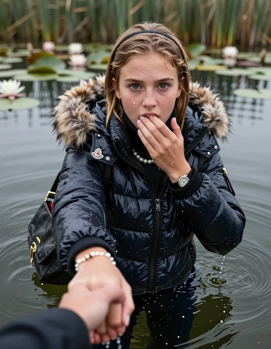 photo of young woman, in soaking wet, drenched clothes,
, , Moncler shiny puffer down jacket with fur, tight turtleneck sweater belly free, shoulderbag, pearl necklace, bracelet, wristwatch, Go back deep into the water after diving in a lake with water lilies and reeds, 
enjoying, wet clothes stuck to body,
detailed textures of the wet clothes, wet face, wet plastered hair,
wet, drenched, professional, high-quality details, full body view.
sharp focus, ultra-high pixel detail, realistic, high-quality, full colors, incredibly detailed, 4k, 8k, 16k, hyper-realistic, RAW photo, masterpiece, ultra-detailed, professionally color graded, professional photograph, Blonde Sleek long straight hair with a hairband

15 years old  teenage girl

Looking up at camera, hold with a hand the other the viewer's hand, pulling them toward the center of the water. One hand on her mouth. Whole body and shoulders are submerged under the surface. Looking up at camera. horny eyes.

she is completely underwater up to her neck,  afraid and astonished expression. 

her submerged clothes are hardly vusible under water, she soaked her handbag into the water
she is completely underwater up to her neck, afraid and astonished expression. 

her clothing is soaking wet and clinging tightly to her skin, showing heavy wet folds, darkened fabric texture, and deep water-saturated Patches, her clothes are heavy from the water, water runs from her body and her clothes in streams. A lot of water also runs out of her clothes. Her clothes are darkened by the water. Her submerged clothes are good visible under the water.  she soaked her handbag into the water.

close up view, wet skin, wet clothes, wet hair, damp fabric, water runs down the clothes, wet skin, wet clothes, damp fabric. cinematic medium shot, hyper-realistic wetness, high-contrast water sheen, sharp focus, 16k resolution, professional photography, realistic water physics., wet skin, wet clothes, damp fabric, wet skin, wet clothes, damp fabric, wet skin, wet clothes, damp fabric, wet skin, wet clothes, damp fabric