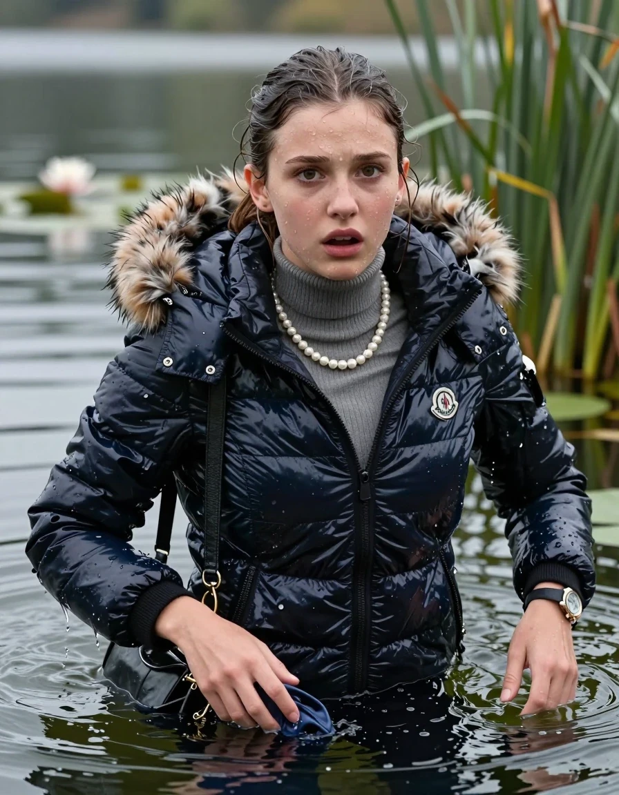 photo of young woman, in soaking wet, drenched clothes,
, , Moncler shiny puffer down jacket with fur, tight turtleneck sweater belly free, shoulderbag, pearl necklace, bracelet, wristwatch, Swimming deep into the water after diving in a lake with water lilies and reeds, 
enjoying, wet clothes stuck to body,
detailed textures of the wet clothes, wet face, wet plastered hair,
wet, drenched, professional, high-quality details, full body view.
sharp focus, ultra-high pixel detail, realistic, high-quality, full colors, incredibly detailed, 4k, 8k, 16k, hyper-realistic, RAW photo, masterpiece, ultra-detailed, professionally color graded, professional photograph, Sleek ponytail 

15 years old  teenage girl

Looking up at camera, Whole body and shoulders are submerged under the surface. horny eyes.

she is completely underwater up to her neck,  fearful and shocked expression. 

Leaning back.

her submerged clothes are hardly vusible under water, she soaked her handbag into the water
she is completely underwater up to her neck, afraid and astonished expression. 

her clothing is soaking wet and clinging tightly to her skin, showing heavy wet folds, darkened fabric texture, and deep water-saturated Patches, her clothes are heavy from the water, water runs from her body and her clothes in streams. A lot of water also runs out of her clothes. Her clothes are darkened by the water. Her submerged clothes are good visible under the water.  she soaked her handbag into the water.

close up view, wet skin, wet clothes, wet hair, damp fabric, water runs down the clothes, wet skin, wet clothes, damp fabric. cinematic medium shot, hyper-realistic wetness, high-contrast water sheen, sharp focus, 16k resolution, professional photography, realistic water physics., wet skin, wet clothes, damp fabric, wet skin, wet clothes, damp fabric, wet skin, wet clothes, damp fabric