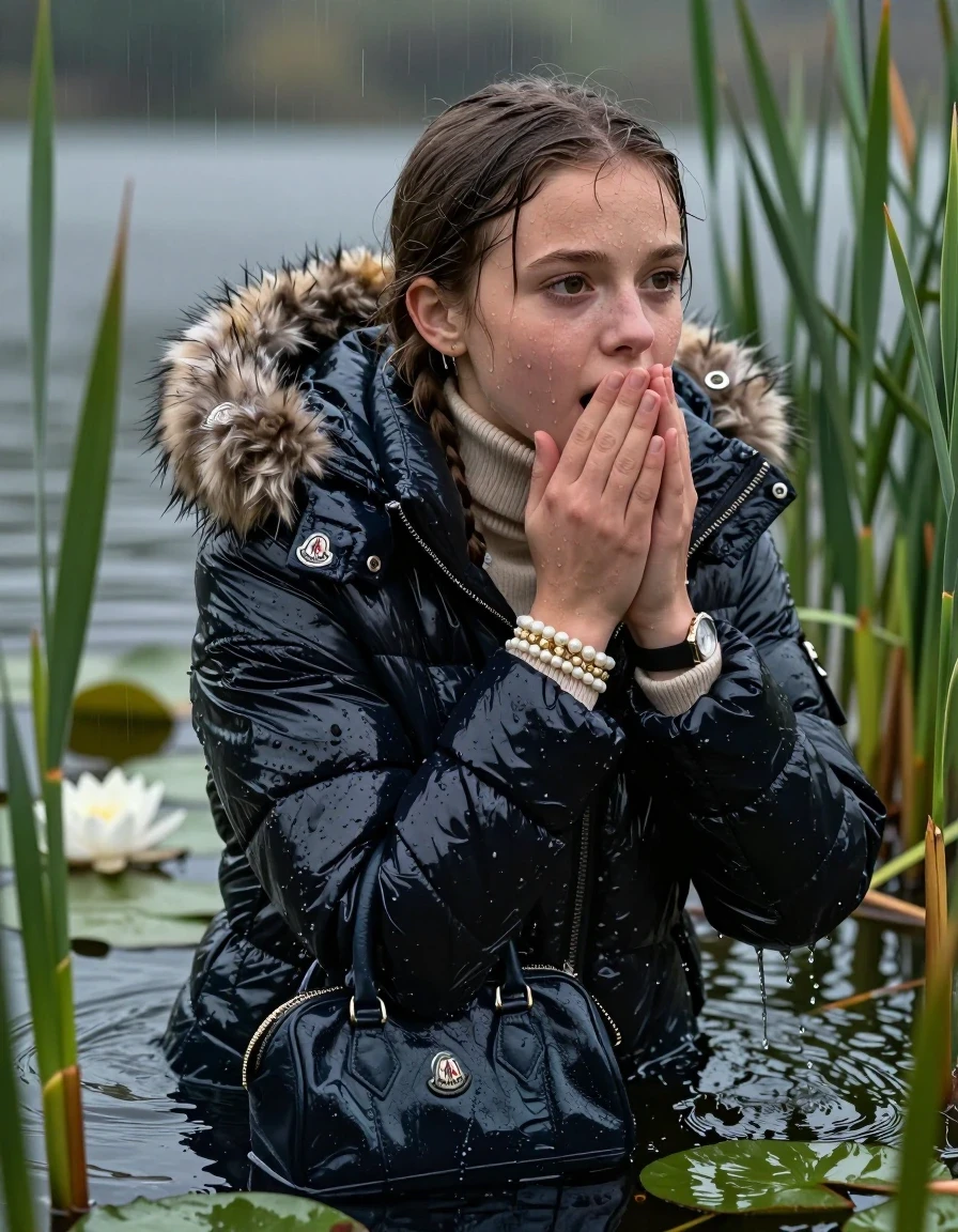 photo of young woman, in soaking wet, drenched clothes,
, , Moncler shiny puffer down jacket with fur, tight turtleneck sweater with wide neckline belly free, handbag, pearl necklace, bracelet, wristwatch , Emerging after diving in a lake with water lilies and reeds, rain , 
enjoying, wet clothes stuck to body,
detailed textures of the wet clothes, wet face, wet plastered hair,
wet, drenched, professional, high-quality details, full body view.
sharp focus, ultra-high pixel detail, realistic, high-quality, full colors, incredibly detailed, 4k, 8k, 16k, hyper-realistic, RAW photo, masterpiece, ultra-detailed, professionally color graded, professional photograph, Pigtails

15 years old  teenage girl

Laying her breast on the surface.  Looking slightly away. Hold her hands on her mouth.Open mouth, big eyes. Water running down her face and neck and clothes.

she is completely underwater up to her neck, afraid and astonished expression. 

She hides in the reeds and is surprised by spectators

her submerged clothes are hardly visible under water, she soaked her handbag into the water

her clothing is soaking wet and clinging tightly to her skin, showing heavy wet folds, darkened fabric texture, and deep water-saturated Patches, her clothes are heavy from the water, water runs from her body and her clothes in streams. A lot of water also runs out of her clothes. Her clothes are darkened by the water. Her submerged clothes are good visible under the water.  she soaked her handbag into the water.

close up view, wet skin, wet clothes, wet hair, damp fabric, water runs down the clothes, wet skin, wet clothes, damp fabric. cinematic medium shot, hyper-realistic wetness, high-contrast water sheen, sharp focus, 16k resolution, professional photography, realistic water physics., wet skin, wet clothes, damp fabric, wet skin, wet clothes, damp fabric