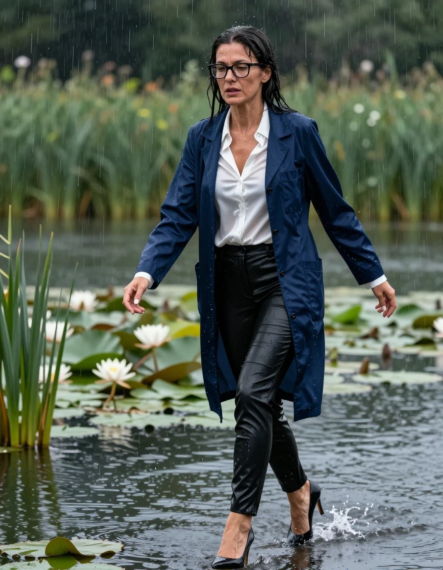 photo of young woman, in soaking wet, drenched clothes,
black shoes with high heels, long black leather trousers, white silk satin shirt, maxi dark blue labcoat, Emerging after diving in a lake with water lilies and reeds, rain,, enjoying wet clothes stuck body, enjoying, wet clothes stuck to body, 
enjoying, wet clothes stuck to body,
detailed textures of the wet clothes, wet face, wet plastered hair,
wet, drenched, professional, high-quality details, full body view.
sharp focus, ultra-high pixel detail, realistic, high-quality, full colors, incredibly detailed, 4k, 8k, 16k, hyper-realistic, RAW photo, masterpiece, ultra-detailed, professionally color graded, professional photograph, europen brunette skinny woman 50 years old, long dark black hair, office glasses, very big and thick lips, complete body, wet skin, wet clothes, damp fabric, wet skin, wet clothes, damp fabric, wet skin, wet clothes, damp fabric, wet skin, wet clothes, damp fabric, wet skin, wet clothes, damp fabric, wet skin, wet clothes, damp fabric, wet skin, wet clothes, damp fabric