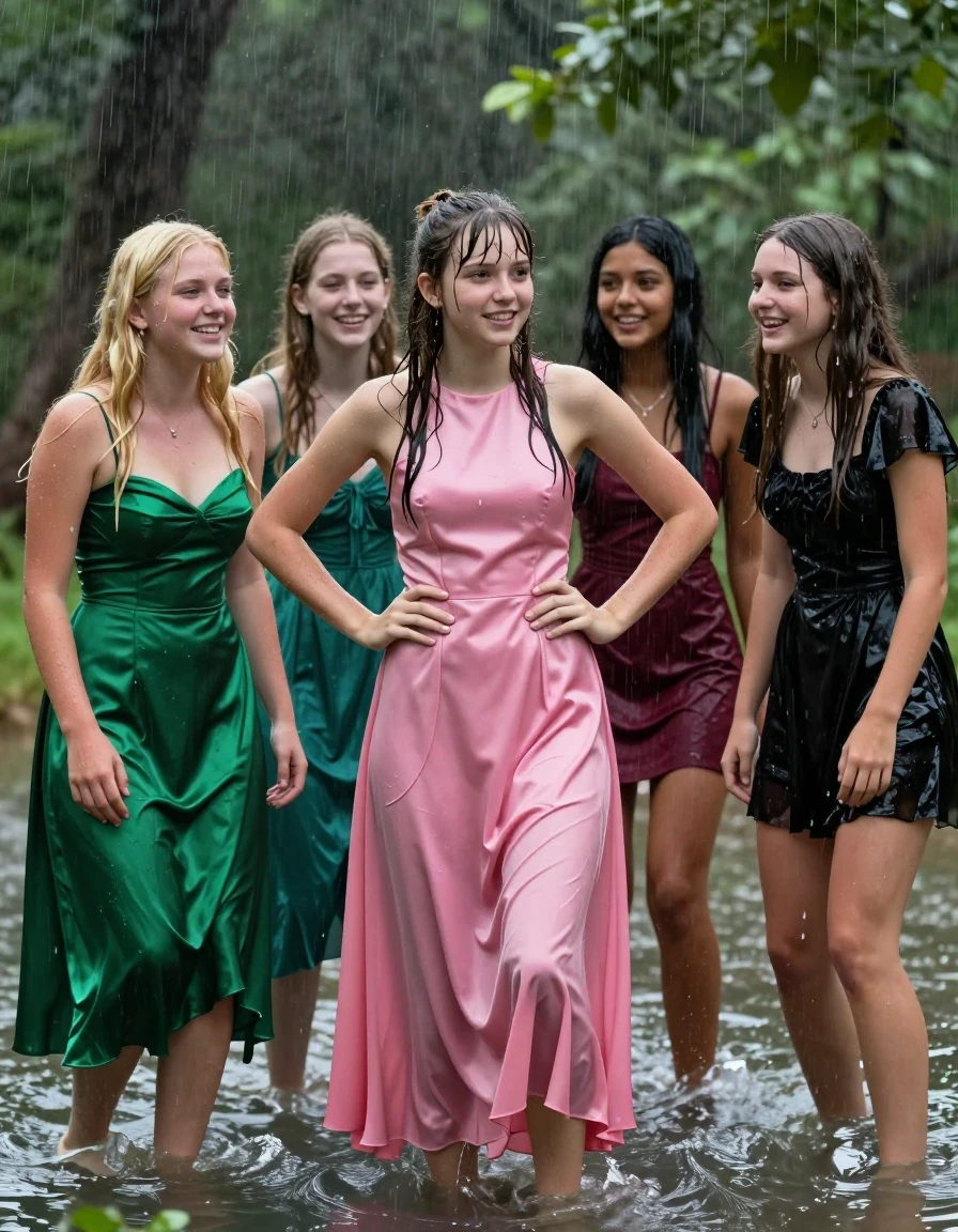 photo of young woman, in soaking wet, drenched clothes,
, , dress, 4.college girls playing in a flooded forest in the heavy rain , 
enjoying, wet clothes stuck to body,
detailed textures of the wet clothes, wet face, wet plastered hair,
wet, drenched, professional, high-quality details, full body view.
sharp focus, ultra-high pixel detail, realistic, high-quality, full colors, incredibly detailed, 4k, 8k, 16k, hyper-realistic, RAW photo, masterpiece, ultra-detailed, professionally color graded, professional photograph, Small young college girls both having fun together. All a similar age, a small nineteen year old girl, with a flat and slim body, skinny body, flat and skinny chest, a She has a wide square young face but a small very skinny waist and skinny legs, a very small chest and very small breasts, she is a pale brunette with ponytail and bangs. She has a small body, She is full of youthful energy. wearing a bright pink formal satin cocktail dress with a highish neckline, a fit top and a loose base, she has her hands on her hips,. Her friend has blonde hair and large size DD breasts,a wide square face, she is wearing a green satin strapless prom dress. The third girl is 19, with a tan complexion and dark black hair, she is wearing a maroon mini dress, The 4th girl is brunette with a small body and thin legs, she is wearing a black cocktail dress with short sleeve, all of them except the blonde girl have very small breasts. wet skin, wet clothes, damp fabric,, wet skin, wet clothes, damp fabric, wet skin, wet clothes, damp fabric, wet skin, wet clothes, damp fabric, wet skin, wet clothes, damp fabric