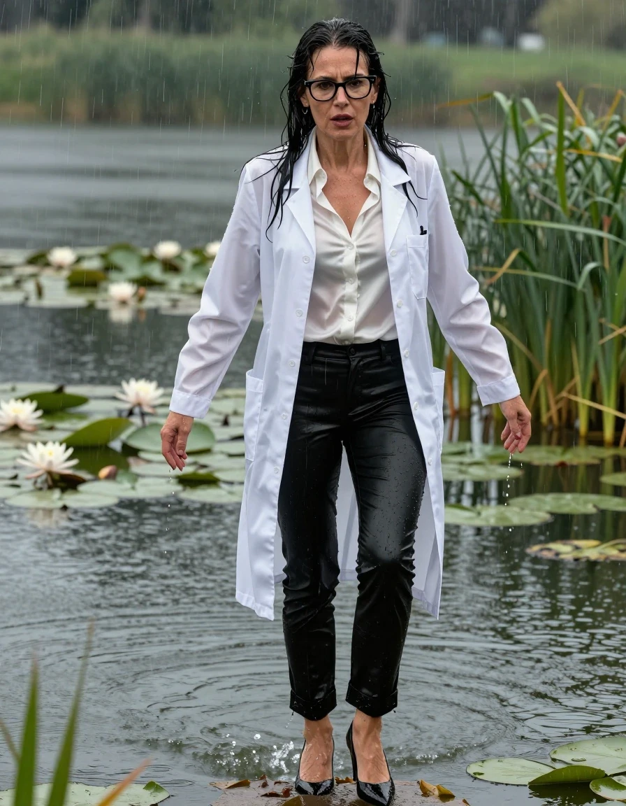 photo of young woman, in soaking wet, drenched clothes,
black shoes with high heels, long black leather trousers, white silk satin shirt, maxi white labcoat, Emerging after diving in a lake with water lilies and reeds, rain,, enjoying wet clothes stuck body, enjoying, wet clothes stuck to body, 
enjoying, wet clothes stuck to body,
detailed textures of the wet clothes, wet face, wet plastered hair,
wet, drenched, professional, high-quality details, full body view.
sharp focus, ultra-high pixel detail, realistic, high-quality, full colors, incredibly detailed, 4k, 8k, 16k, hyper-realistic, RAW photo, masterpiece, ultra-detailed, professionally color graded, professional photograph, europen brunette skinny woman 50 years old, long dark black hair, office glasses, very big and thick lips, complete body, wet skin, wet clothes, damp fabric, wet skin, wet clothes, damp fabric, wet skin, wet clothes, damp fabric, wet skin, wet clothes, damp fabric, wet skin, wet clothes, damp fabric, wet skin, wet clothes, damp fabric, wet skin, wet clothes, damp fabric
