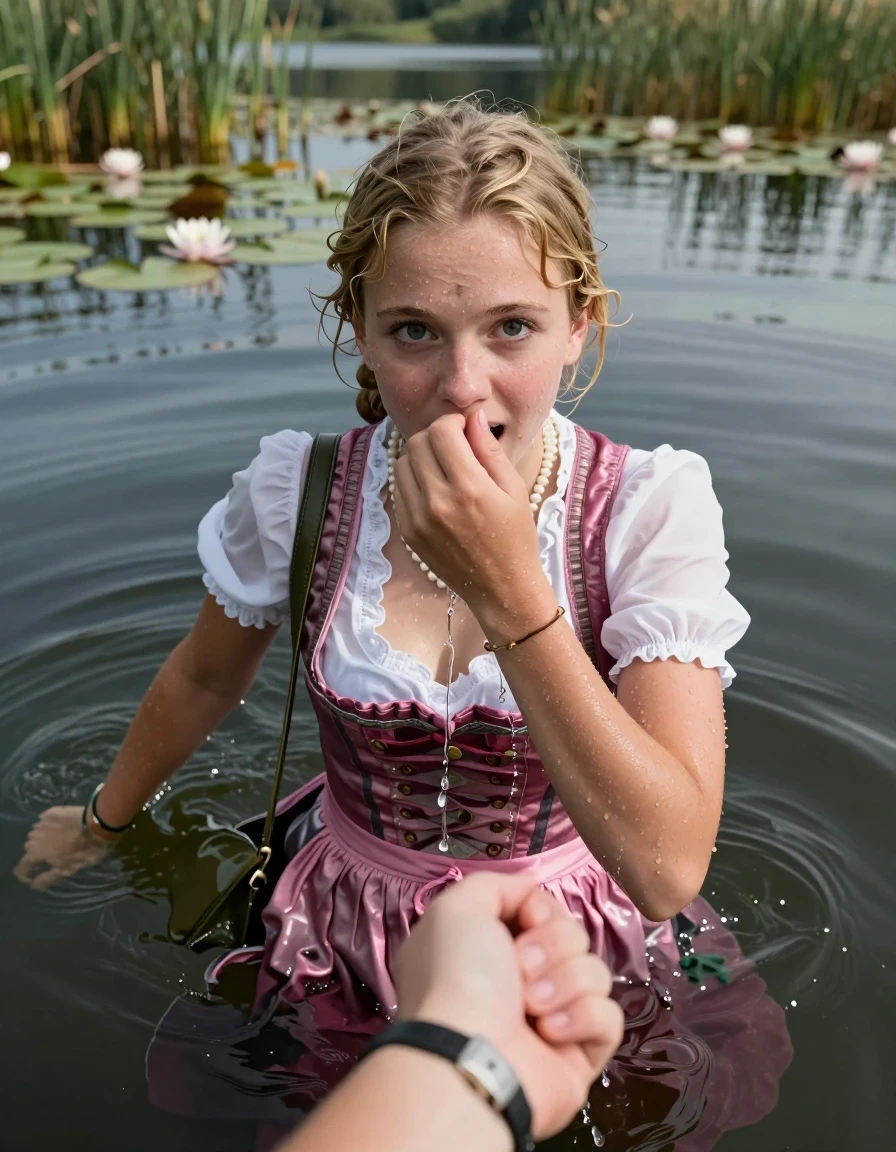 photo of young woman, in soaking wet, drenched clothes,
, , Short pink and white Dirndl, shoulderbag, pearl necklace, bracelet, wristwatch, Go back deep into the water after diving in a lake with water lilies and reeds, 
enjoying, wet clothes stuck to body,
detailed textures of the wet clothes, wet face, wet plastered hair,
wet, drenched, professional, high-quality details, full body view.
sharp focus, ultra-high pixel detail, realistic, high-quality, full colors, incredibly detailed, 4k, 8k, 16k, hyper-realistic, RAW photo, masterpiece, ultra-detailed, professionally color graded, professional photograph, Blonde Pigtails

15 years old  teenage girl

Looking up at camera, open mouth, big eyes. hold with a hand the other the viewer's hand, pulling them toward the center of the water. One hand in front of her nose. Whole body and shoulders are submerged under the surface. Looking up at camera. horny eyes.

she is completely underwater up to her neck,  afraid and astonished expression. Slightly smile.

her submerged clothes are hardly vusible under water, she soaked her handbag into the water
she is completely underwater up to her neck, afraid and astonished expression. 

her clothing is soaking wet and clinging tightly to her skin, showing heavy wet folds, darkened fabric texture, and deep water-saturated Patches, her clothes are heavy from the water, water runs from her body and her clothes in streams. A lot of water also runs out of her clothes. Her clothes are darkened by the water. Her submerged clothes are good visible under the water.  she soaked her handbag into the water.

close up view, wet skin, wet clothes, wet hair, damp fabric, water runs down the clothes, wet skin, wet clothes, damp fabric. cinematic medium shot, hyper-realistic wetness, high-contrast water sheen, sharp focus, 16k resolution, professional photography, realistic water physics., wet skin, wet clothes, damp fabric, wet skin, wet clothes, damp fabric, wet skin, wet clothes, damp fabric