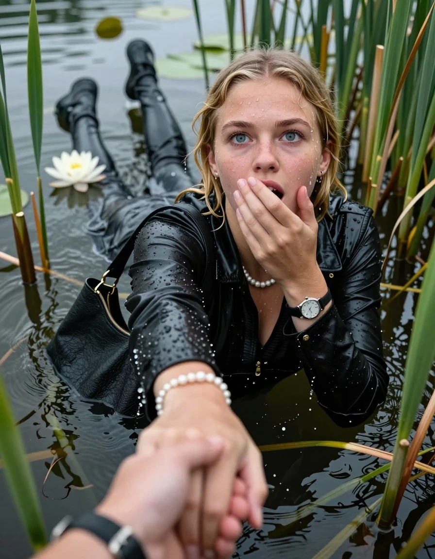 photo of young woman, in soaking wet, drenched clothes,
, black leatherleggings , Learherjacket, v-neck sweater, shoulderbag, pearl necklace, bracelet, wristwatch, Go back deep into the water after diving in a lake with water lilies and reeds, 
enjoying, wet clothes stuck to body,
detailed textures of the wet clothes, wet face, wet plastered hair,
wet, drenched, professional, high-quality details, full body view.
sharp focus, ultra-high pixel detail, realistic, high-quality, full colors, incredibly detailed, 4k, 8k, 16k, hyper-realistic, RAW photo, masterpiece, ultra-detailed, professionally color graded, professional photograph, Blonde Pigtails

15 years old  teenage girl

Looking up, head in the neck, open mouth, big eyes. hold with a hand the other the viewer's hand, pulling them toward the center of the water. One hand on her mouth. Whole body and shoulders are submerged under the surface. Looking up at camera. horny eyes.

she is completely underwater up to her neck,  afraid and astonished expression.

She hides in the reeds.

her submerged clothes are hardly vusible under water, she soaked her handbag into the water
she is completely underwater up to her neck, afraid and astonished expression. 

her clothing is soaking wet and clinging tightly to her skin, showing heavy wet folds, darkened fabric texture, and deep water-saturated Patches, her clothes are heavy from the water, water runs from her body and her clothes in streams. A lot of water also runs out of her clothes. Her clothes are darkened by the water. Her submerged clothes are good visible under the water.  she soaked her handbag into the water.

close up view, wet skin, wet clothes, wet hair, damp fabric, water runs down the clothes, wet skin, wet clothes, damp fabric. cinematic medium shot, hyper-realistic wetness, high-contrast water sheen, sharp focus, 16k resolution, professional photography, realistic water physics., wet skin, wet clothes, damp fabric, wet skin, wet clothes, damp fabric, wet skin, wet clothes, damp fabric