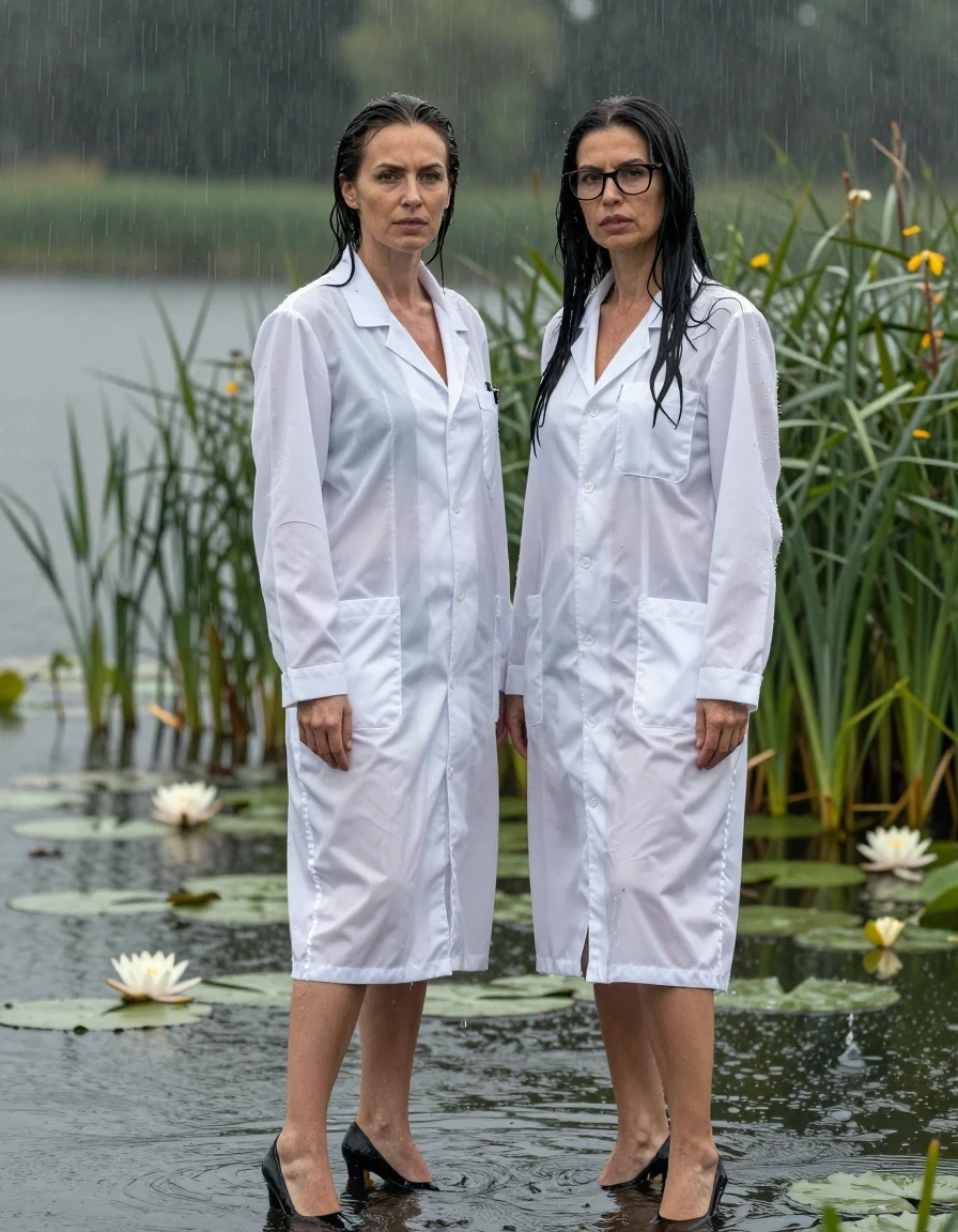 photo of young woman, in soaking wet, drenched clothes,
black shoes with high heels, maxi white labcoat, maxi white labcoat, submerged diving in a lake with water lilies and reeds, rain,, enjoying wet clothes stuck body, enjoying, wet clothes stuck to body, 
enjoying, wet clothes stuck to body,
detailed textures of the wet clothes, wet face, wet plastered hair,
wet, drenched, professional, high-quality details, full body view.
sharp focus, ultra-high pixel detail, realistic, high-quality, full colors, incredibly detailed, 4k, 8k, 16k, hyper-realistic, RAW photo, masterpiece, ultra-detailed, professionally color graded, professional photograph, two europen brunette skinny women 50 years old, long dark black hair, office glasses, very big and thick lips, complete body, wet skin, wet clothes, damp fabric, wet skin, wet clothes, damp fabric, wet skin, wet clothes, damp fabric, wet skin, wet clothes, damp fabric, wet skin, wet clothes, damp fabric, wet skin, wet clothes, damp fabric, wet skin, wet clothes, damp fabric