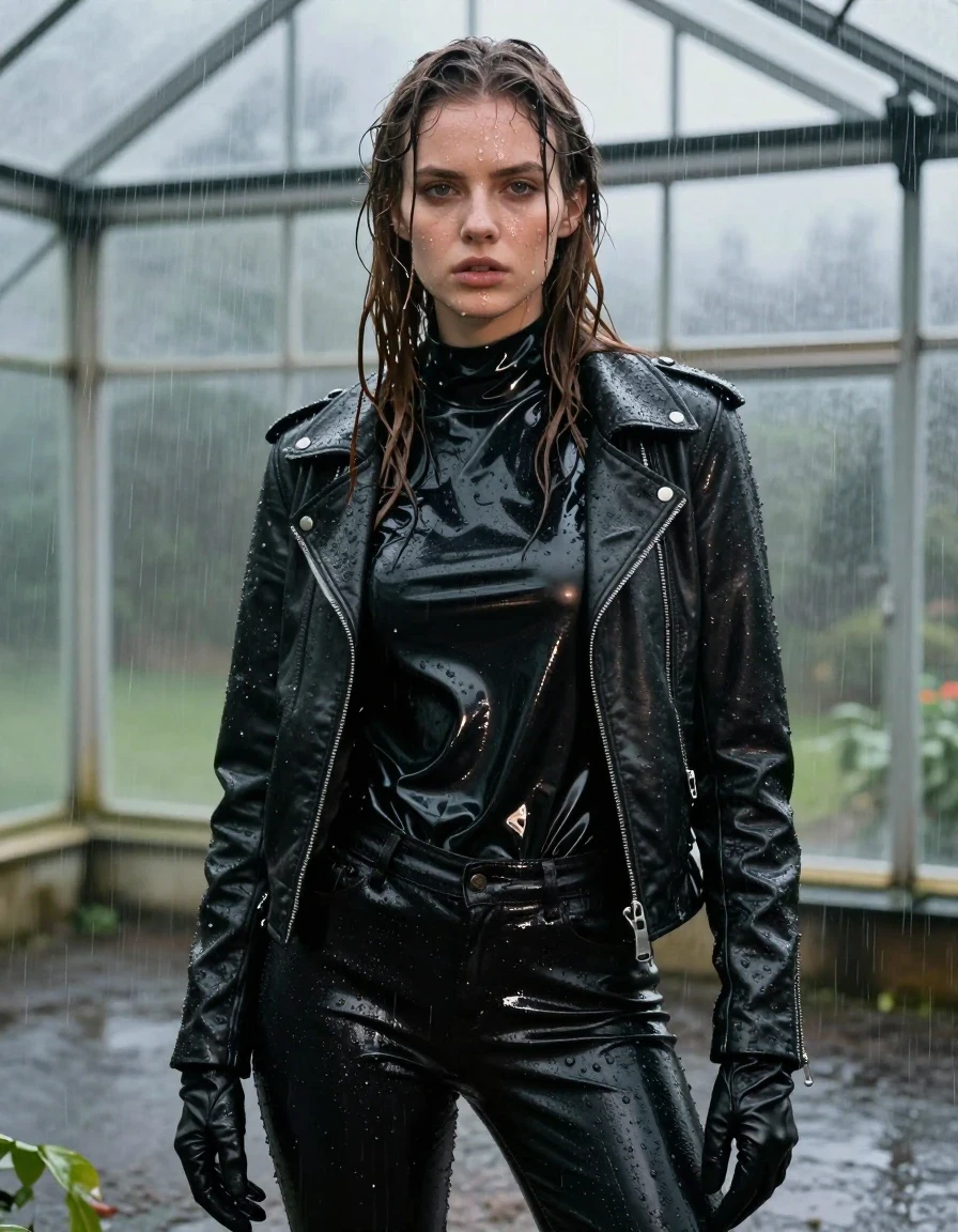 A photorealistic close-up portrait of a young adult European woman with long, dripping wet brown hair plastered against her face and shoulders. Her skin is glistening with a heavy sheen of water, reflecting the ambient light. She is wearing an oversized black vinyl polar neck shirt that clings to her frame, layered under a soaked black biker leather jacket. Her hands are covered in wet, form-fitting black leather gloves. She is wearing black leather jeans that are heavily drenched and clinging to her legs, showing deep, dark, saturated folds and water-slicked textures. She is standing inside a leaking greenhouse during a torrential downpour, with heavy rain visible in the background and water dripping from the glass structure overhead. The lighting is moody and atmospheric, emphasizing the wet textures of the fabric and skin, with strong specular highlights on the vinyl and leather surfaces. High-detail, cinematic lighting, 8k resolution, realistic water droplets, heavy atmosphere, no nudity.