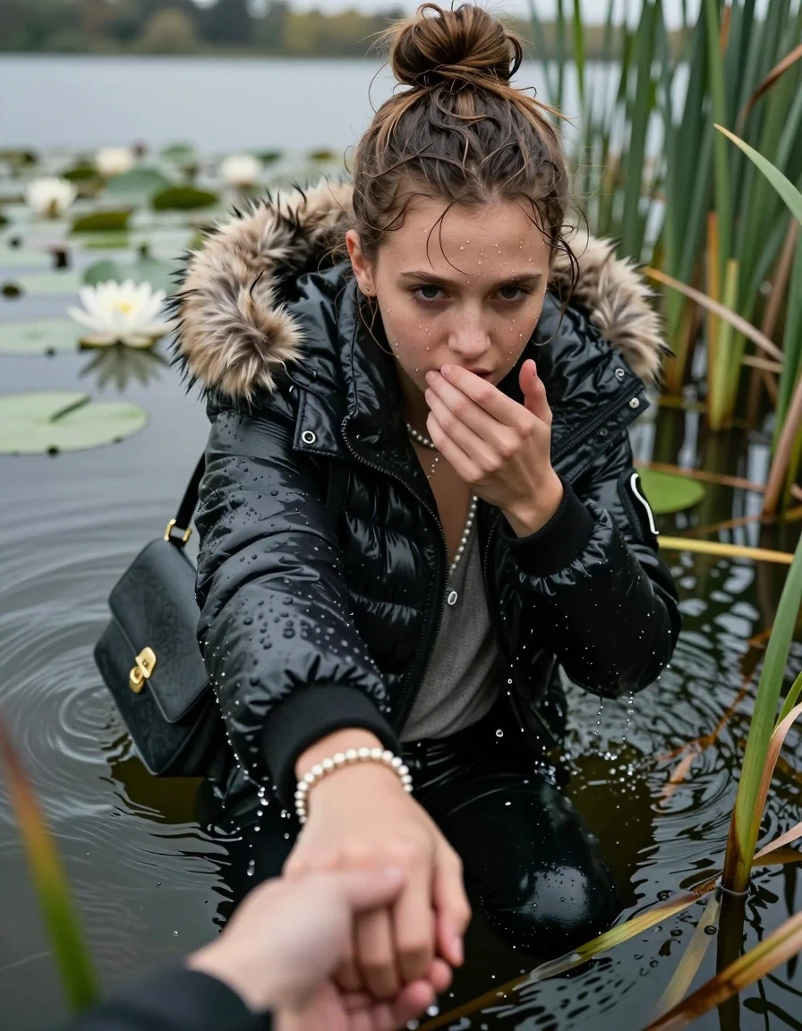 photo of young woman, in soaking wet, drenched clothes,
, black leatherleggings , Moncler shiny puffer down coat with fur, v-neck sweater, shoulderbag, pearl necklace, bracelet, wristwatch, Go back in the water after diving in a lake with water lilies and reeds, 
enjoying, wet clothes stuck to body,
detailed textures of the wet clothes, wet face, wet plastered hair,
wet, drenched, professional, high-quality details, full body view.
sharp focus, ultra-high pixel detail, realistic, high-quality, full colors, incredibly detailed, 4k, 8k, 16k, hyper-realistic, RAW photo, masterpiece, ultra-detailed, professionally color graded, professional photograph, Topknot

15 years old  teenage girl

Looking down, head in the neck, open mouth, big eyes. hold with a hand the viewer's hand, pulling them toward the center of the water.  The other hand covers her mouth. Whole body and shoulders are submerged under the surface. Looking up at camera. horny eyes.

she is completely underwater up to her neck,  sad but enjoying expression.

She hides in the reeds.

her submerged clothes are hardly vusible under water, she soaked her handbag into the water
she is completely underwater up to her neck, afraid and astonished expression. 

her clothing is soaking wet and clinging tightly to her skin, showing heavy wet folds, darkened fabric texture, and deep water-saturated Patches, her clothes are heavy from the water, water runs from her body and her clothes in streams. A lot of water also runs out of her clothes. Her clothes are darkened by the water. Her submerged clothes are good visible under the water.  she soaked her handbag into the water.

close up view, wet skin, wet clothes, wet hair, damp fabric, water runs down the clothes, wet skin, wet clothes, damp fabric. cinematic medium shot, hyper-realistic wetness, high-contrast water sheen, sharp focus, 16k resolution, professional photography, realistic water physics., wet skin, wet clothes, damp fabric, wet skin, wet clothes, damp fabric