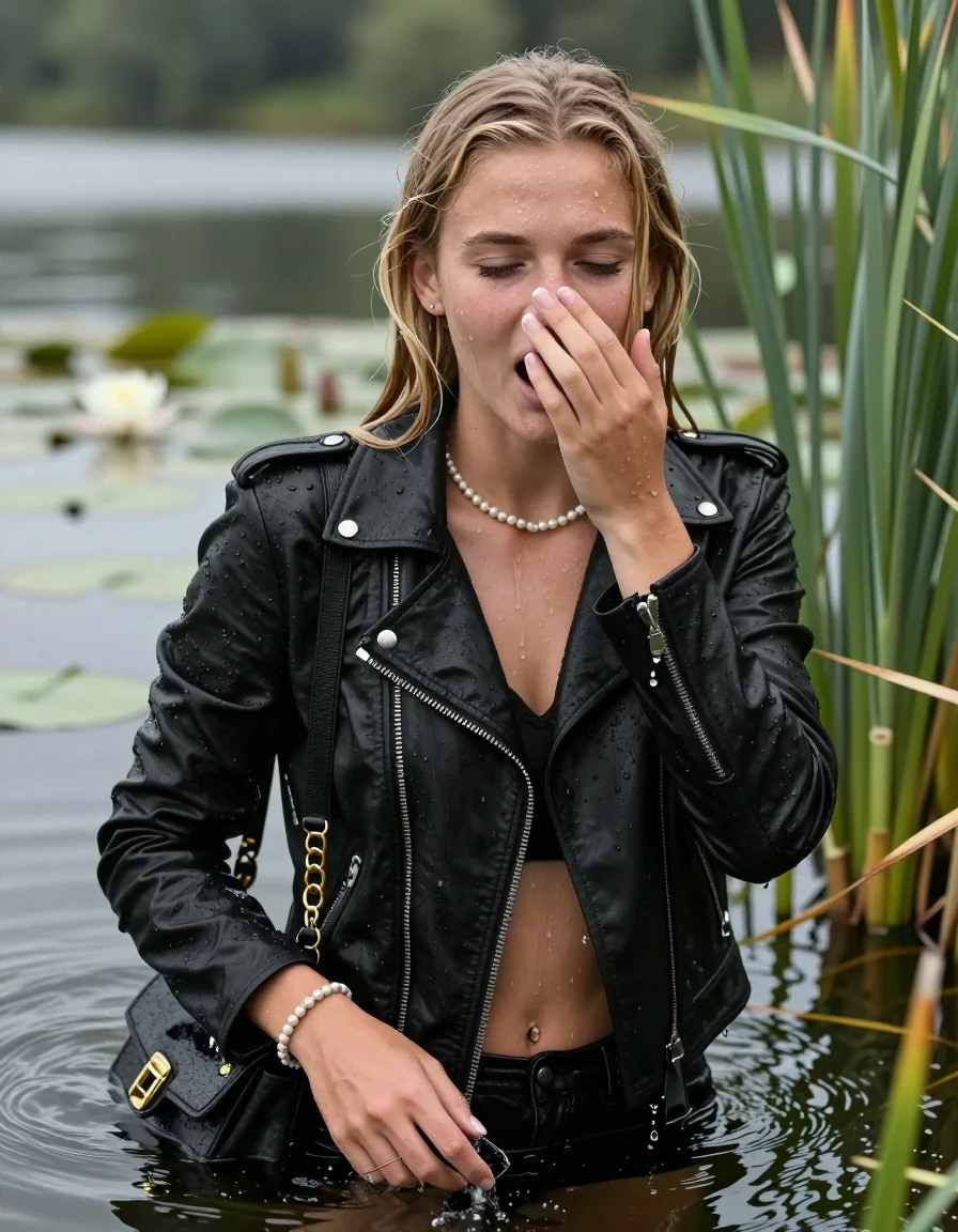 photo of young woman, in soaking wet, drenched clothes,
, , Black biker leatherjacket, v-neck slipover belly free, shoulderbag, pearl necklace, bracelet, wristwatch, Go back in the water after diving in a lake with water lilies and reeds, 
enjoying, wet clothes stuck to body,
detailed textures of the wet clothes, wet face, wet plastered hair,
wet, drenched, professional, high-quality details, full body view.
sharp focus, ultra-high pixel detail, realistic, high-quality, full colors, incredibly detailed, 4k, 8k, 16k, hyper-realistic, RAW photo, masterpiece, ultra-detailed, professionally color graded, professional photograph, Slim  Blonde sleek Long straight hair

15 years old  teenage girl

Looking at camera, open mouth, closed eyes. Cover her nose with her hand. Whole body and shoulders are submerged under the surface.

she is completely underwater up to her neck,  horny and shocked expression.

She hides in the reeds.

her submerged clothes are hardly vusible under water, she soaked her handbag into the water

her clothing is soaking wet and clinging tightly to her skin, showing heavy wet folds, darkened fabric texture, and deep water-saturated Patches, her clothes are heavy from the water, water runs from her body and her clothes in streams. A lot of water also runs out of her clothes. Her clothes are darkened by the water. Her submerged clothes are good visible under the water.  she soaked her handbag into the water.

close up view, wet skin, wet clothes, wet hair, damp fabric, water runs down the clothes, wet skin, wet clothes, damp fabric. cinematic medium shot, hyper-realistic wetness, high-contrast water sheen, sharp focus, 16k resolution, professional photography, realistic water physics., wet skin, wet clothes, damp fabric, wet skin, wet clothes, damp fabric, wet skin, wet clothes, damp fabric, wet skin, wet clothes, damp fabric