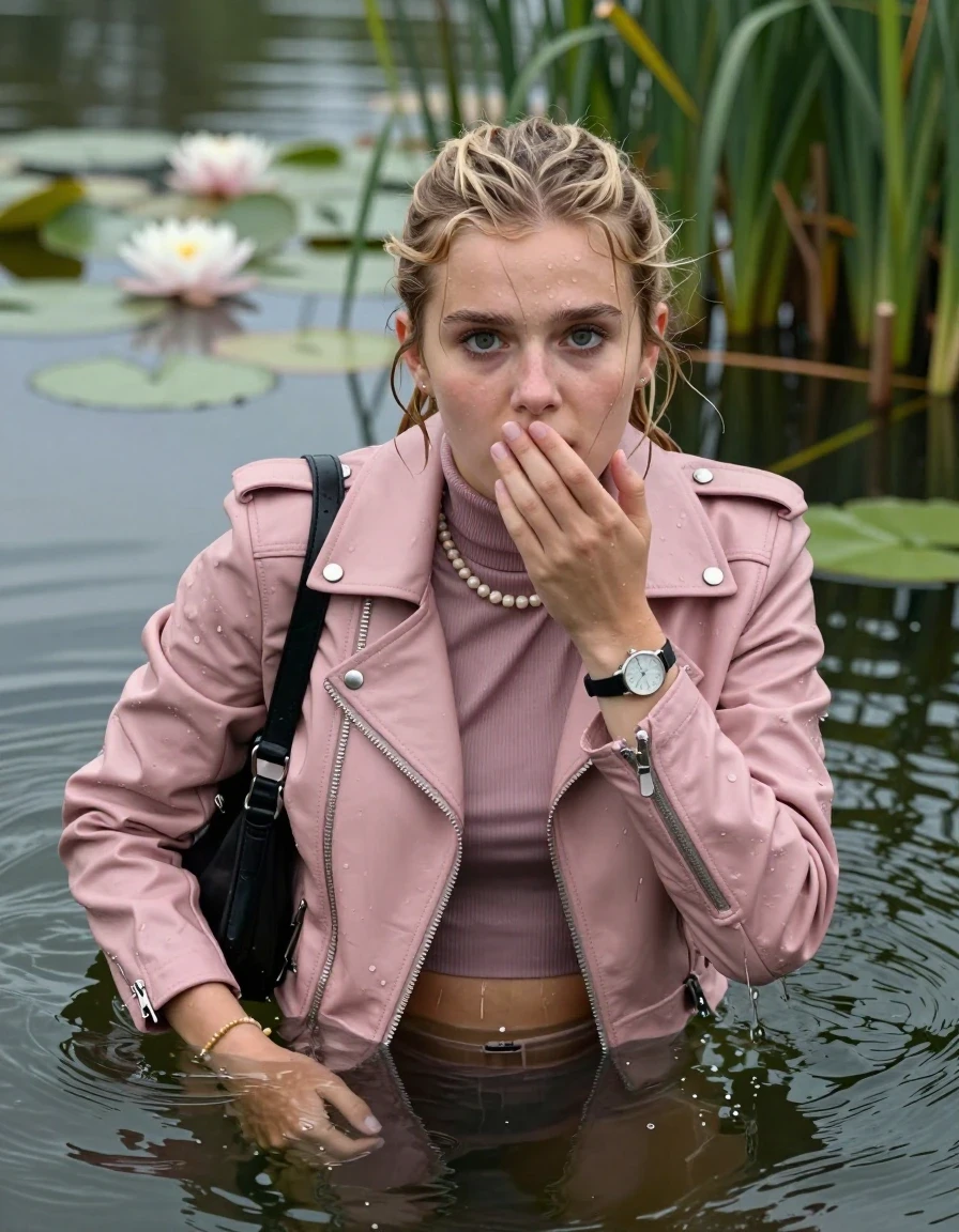 photo of young woman, in soaking wet, drenched clothes,
, , Light pink Biker leatherjacket, tight turtleneck sweater belly free, shoulderbag, pearl necklace, bracelet, wristwatch, Swimming and sinking deep into the water after diving in a lake with water lilies and reeds, 
enjoying, wet clothes stuck to body,
detailed textures of the wet clothes, wet face, wet plastered hair,
wet, drenched, professional, high-quality details, full body view.
sharp focus, ultra-high pixel detail, realistic, high-quality, full colors, incredibly detailed, 4k, 8k, 16k, hyper-realistic, RAW photo, masterpiece, ultra-detailed, professionally color graded, professional photograph, Blonde Sleek ponytail 

15 years old  teenage girl

Looking up at camera, Whole body and shoulders are submerged under the surface. horny eyes. One hand on her mouth.

she is completely underwater up to her neck,  afraid and astonished expression. 

Threatens to drown.  Swimming Movements with Her Arms.

her submerged clothes are hardly vusible under water, she soaked her handbag into the water
she is completely underwater up to her neck, afraid and astonished expression. 

her clothing is soaking wet and clinging tightly to her skin, showing heavy wet folds, darkened fabric texture, and deep water-saturated Patches, her clothes are heavy from the water, water runs from her body and her clothes in streams. A lot of water also runs out of her clothes. Her clothes are darkened by the water. Her submerged clothes are good visible under the water.  she soaked her handbag into the water.

close up view, wet skin, wet clothes, wet hair, damp fabric, water runs down the clothes, wet skin, wet clothes, damp fabric. cinematic medium shot, hyper-realistic wetness, high-contrast water sheen, sharp focus, 16k resolution, professional photography, realistic water physics., wet skin, wet clothes, damp fabric, wet skin, wet clothes, damp fabric, wet skin, wet clothes, damp fabric