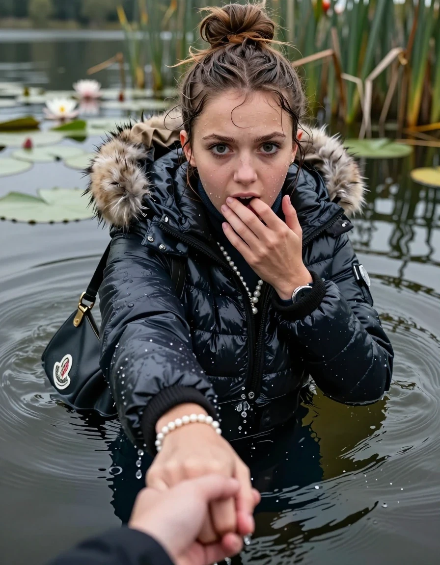 photo of young woman, in soaking wet, drenched clothes,
, , Moncler shiny puffer down jacket with fur, tight turtleneck sweater belly free, shoulderbag, pearl necklace, bracelet, wristwatch, Go back deep into the water after diving in a lake with water lilies and reeds, 
enjoying, wet clothes stuck to body,
detailed textures of the wet clothes, wet face, wet plastered hair,
wet, drenched, professional, high-quality details, full body view.
sharp focus, ultra-high pixel detail, realistic, high-quality, full colors, incredibly detailed, 4k, 8k, 16k, hyper-realistic, RAW photo, masterpiece, ultra-detailed, professionally color graded, professional photograph, Topknot

15 years old  teenage girl

Looking up at camera, open mouth, big eyes. hold with a hand the other the viewer's hand, pulling them toward the center of the water. One hand on her mouth. Whole body and shoulders are submerged under the surface. Looking up at camera. horny eyes.

she is completely underwater up to her neck,  fearful and shocked expression. 

her submerged clothes are hardly vusible under water, she soaked her handbag into the water
she is completely underwater up to her neck, afraid and astonished expression. 

her clothing is soaking wet and clinging tightly to her skin, showing heavy wet folds, darkened fabric texture, and deep water-saturated Patches, her clothes are heavy from the water, water runs from her body and her clothes in streams. A lot of water also runs out of her clothes. Her clothes are darkened by the water. Her submerged clothes are good visible under the water.  she soaked her handbag into the water.

close up view, wet skin, wet clothes, wet hair, damp fabric, water runs down the clothes, wet skin, wet clothes, damp fabric. cinematic medium shot, hyper-realistic wetness, high-contrast water sheen, sharp focus, 16k resolution, professional photography, realistic water physics., wet skin, wet clothes, damp fabric, wet skin, wet clothes, damp fabric, wet skin, wet clothes, damp fabric