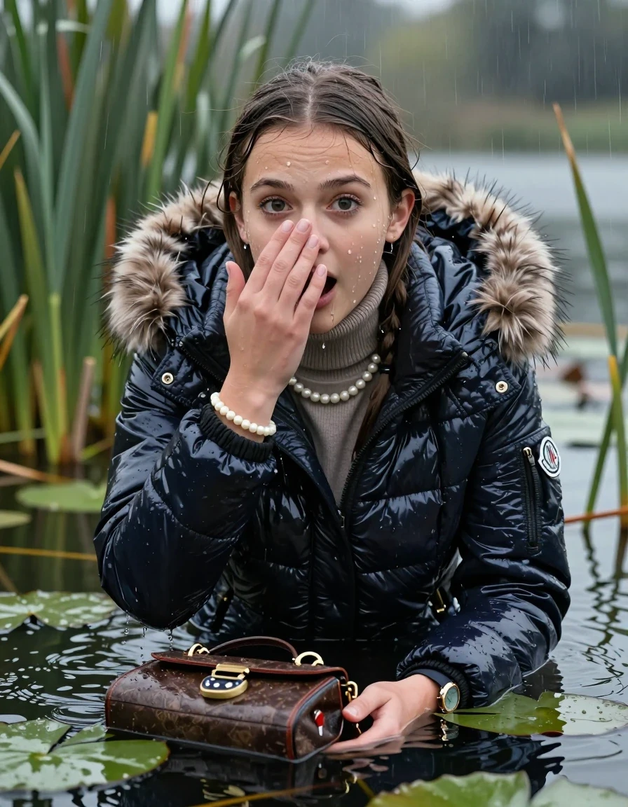 photo of young woman, in soaking wet, drenched clothes,
, , Moncler shiny puffer down coat with fur, tight turtleneck sweater with wide neckline belly free, handbag, pearl necklace, bracelet, wristwatch , Emerging after diving in a lake with water lilies and reeds, rain , 
enjoying, wet clothes stuck to body,
detailed textures of the wet clothes, wet face, wet plastered hair,
wet, drenched, professional, high-quality details, full body view.
sharp focus, ultra-high pixel detail, realistic, high-quality, full colors, incredibly detailed, 4k, 8k, 16k, hyper-realistic, RAW photo, masterpiece, ultra-detailed, professionally color graded, professional photograph, Pigtails

15 years old  teenage girl

Laying her breast on the surface.  Looking at Camera . Hold her flat hand in front of her nose. Open mouth, big eyes. Water running down her face and neck and clothes.

she is completely underwater up to her neck, afraid and astonished expression. 

She hides in the reeds and is surprised by spectators

her submerged clothes are hardly visible under water, she soaked her handbag into the water

her clothing is soaking wet and clinging tightly to her skin, showing heavy wet folds, darkened fabric texture, and deep water-saturated Patches, her clothes are heavy from the water, water runs from her body and her clothes in streams. A lot of water also runs out of her clothes. Her clothes are darkened by the water. Her submerged clothes are good visible under the water.  she soaked her handbag into the water.

close up view, wet skin, wet clothes, wet hair, damp fabric, water runs down the clothes, wet skin, wet clothes, damp fabric. cinematic medium shot, hyper-realistic wetness, high-contrast water sheen, sharp focus, 16k resolution, professional photography, realistic water physics., wet skin, wet clothes, damp fabric, wet skin, wet clothes, damp fabric