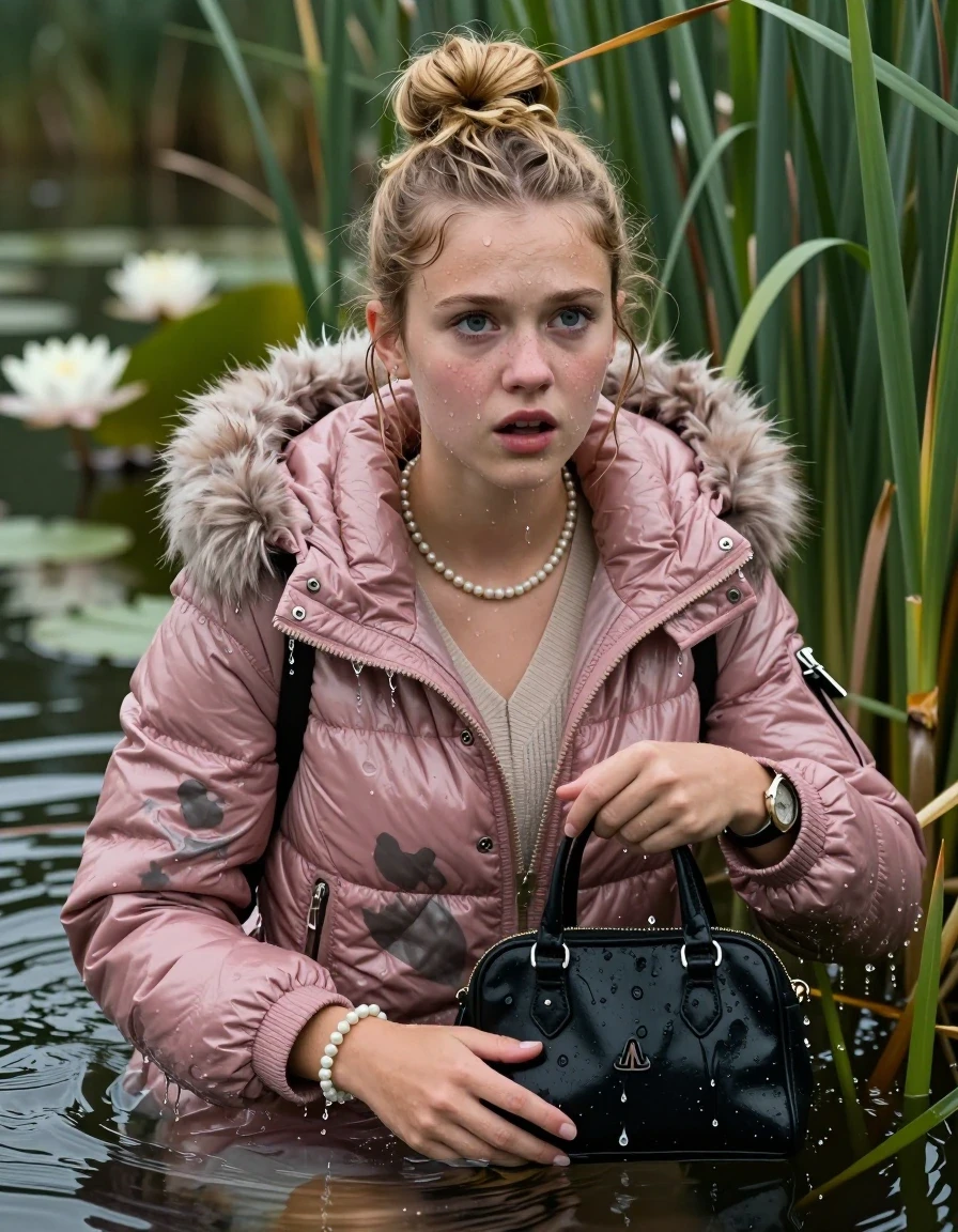 photo of young woman, in soaking wet, drenched clothes,
, , Pink Moncler shiny puffer down coat with fur, v-neck sweater, shoulderbag, pearl necklace, bracelet, wristwatch, Go back in the water after diving in a lake with water lilies and reeds, 
enjoying, wet clothes stuck to body,
detailed textures of the wet clothes, wet face, wet plastered hair,
wet, drenched, professional, high-quality details, full body view.
sharp focus, ultra-high pixel detail, realistic, high-quality, full colors, incredibly detailed, 4k, 8k, 16k, hyper-realistic, RAW photo, masterpiece, ultra-detailed, professionally color graded, professional photograph, Blonde Topknot

15 years old  teenage girl

Looking slightly away, open mouth, big eyes. hands up. Whole body and shoulders are submerged under the surface. Looking up at camera. horny eyes.

she is completely underwater up to her neck,  sad but enjoying expression.

She hides in the reeds.

her submerged clothes are hardly vusible under water, she soaked her handbag into the water
she is completely underwater up to her neck, afraid and astonished expression. 

her clothing is soaking wet and clinging tightly to her skin, showing heavy wet folds, darkened fabric texture, and deep water-saturated Patches, her clothes are heavy from the water, water runs from her body and her clothes in streams. A lot of water also runs out of her clothes. Her clothes are darkened by the water. Her submerged clothes are good visible under the water.  she soaked her handbag into the water.

close up view, wet skin, wet clothes, wet hair, damp fabric, water runs down the clothes, wet skin, wet clothes, damp fabric. cinematic medium shot, hyper-realistic wetness, high-contrast water sheen, sharp focus, 16k resolution, professional photography, realistic water physics., wet skin, wet clothes, damp fabric, wet skin, wet clothes, damp fabric, wet skin, wet clothes, damp fabric