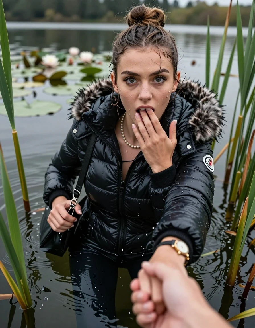 photo of young woman, in soaking wet, drenched clothes,
, black leatherleggings , Moncler shiny puffer down coat with fur, v-neck sweater, shoulderbag, pearl necklace, bracelet, wristwatch, Go back in the water after diving in a lake with water lilies and reeds, 
enjoying, wet clothes stuck to body,
detailed textures of the wet clothes, wet face, wet plastered hair,
wet, drenched, professional, high-quality details, full body view.
sharp focus, ultra-high pixel detail, realistic, high-quality, full colors, incredibly detailed, 4k, 8k, 16k, hyper-realistic, RAW photo, masterpiece, ultra-detailed, professionally color graded, professional photograph, Topknot

15 years old  teenage girl

Looking up, head in the neck, open mouth, big eyes. 0ne hand on her mouth, hold with the other the viewer's hand, pulling them toward the center of the water.  Whole body and shoulders are submerged under the surface. Looking up at camera. horny eyes.

she is completely underwater up to her neck,  horny and sexuell aroused expression.

She hides in the reeds.

her submerged clothes are hardly vusible under water, she soaked her handbag into the water
she is completely underwater up to her neck, afraid and astonished expression. 

her clothing is soaking wet and clinging tightly to her skin, showing heavy wet folds, darkened fabric texture, and deep water-saturated Patches, her clothes are heavy from the water, water runs from her body and her clothes in streams. A lot of water also runs out of her clothes. Her clothes are darkened by the water. Her submerged clothes are good visible under the water.  she soaked her handbag into the water.

close up view, wet skin, wet clothes, wet hair, damp fabric, water runs down the clothes, wet skin, wet clothes, damp fabric. cinematic medium shot, hyper-realistic wetness, high-contrast water sheen, sharp focus, 16k resolution, professional photography, realistic water physics., wet skin, wet clothes, damp fabric, wet skin, wet clothes, damp fabric