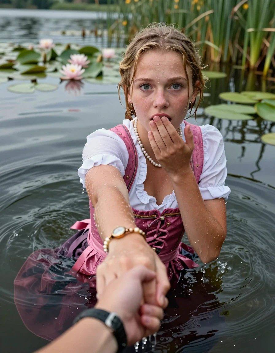 photo of young woman, in soaking wet, drenched clothes,
, , Short pink and white Dirndl, shoulderbag, pearl necklace, bracelet, wristwatch, Go back deep into the water after diving in a lake with water lilies and reeds, 
enjoying, wet clothes stuck to body,
detailed textures of the wet clothes, wet face, wet plastered hair,
wet, drenched, professional, high-quality details, full body view.
sharp focus, ultra-high pixel detail, realistic, high-quality, full colors, incredibly detailed, 4k, 8k, 16k, hyper-realistic, RAW photo, masterpiece, ultra-detailed, professionally color graded, professional photograph, Blonde Pigtails

15 years old  teenage girl

Looking at camera, open mouth, big eyes. hold with a hand the other the viewer's hand, pulling them toward the center of the water. One hand on her mouth. Whole body and shoulders are submerged under the surface. Looking up at camera. horny eyes.

she is completely underwater up to her neck,  afraid and astonished expression.

her submerged clothes are hardly vusible under water, she soaked her handbag into the water
she is completely underwater up to her neck, afraid and astonished expression. 

her clothing is soaking wet and clinging tightly to her skin, showing heavy wet folds, darkened fabric texture, and deep water-saturated Patches, her clothes are heavy from the water, water runs from her body and her clothes in streams. A lot of water also runs out of her clothes. Her clothes are darkened by the water. Her submerged clothes are good visible under the water.  she soaked her handbag into the water.

close up view, wet skin, wet clothes, wet hair, damp fabric, water runs down the clothes, wet skin, wet clothes, damp fabric. cinematic medium shot, hyper-realistic wetness, high-contrast water sheen, sharp focus, 16k resolution, professional photography, realistic water physics., wet skin, wet clothes, damp fabric, wet skin, wet clothes, damp fabric, wet skin, wet clothes, damp fabric