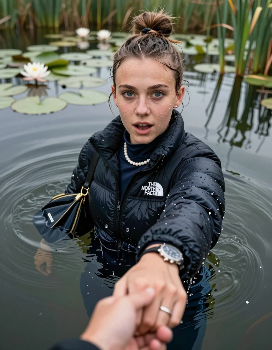 photo of young woman, in soaking wet, drenched clothes,
, , North face puffer down jacket, tight turtleneck sweater belly free, shoulderbag, pearl necklace, bracelet, wristwatch, Go back deep into the water after diving in a lake with water lilies and reeds, 
enjoying, wet clothes stuck to body,
detailed textures of the wet clothes, wet face, wet plastered hair,
wet, drenched, professional, high-quality details, full body view.
sharp focus, ultra-high pixel detail, realistic, high-quality, full colors, incredibly detailed, 4k, 8k, 16k, hyper-realistic, RAW photo, masterpiece, ultra-detailed, professionally color graded, professional photograph, Topknot

15 years old  teenage girl

Looking up at camera, open mouth, big eyes. hold with a hand the other the viewer's hand, pulling them toward the center of the water. One hand take a Selfie. Whole body and shoulders are submerged under the surface. Looking up at camera. horny eyes.

she is completely underwater up to her neck,  afraid and astonished expression. Slightly smile.

her submerged clothes are hardly vusible under water, she soaked her handbag into the water
she is completely underwater up to her neck, afraid and astonished expression. 

her clothing is soaking wet and clinging tightly to her skin, showing heavy wet folds, darkened fabric texture, and deep water-saturated Patches, her clothes are heavy from the water, water runs from her body and her clothes in streams. A lot of water also runs out of her clothes. Her clothes are darkened by the water. Her submerged clothes are good visible under the water.  she soaked her handbag into the water.

close up view, wet skin, wet clothes, wet hair, damp fabric, water runs down the clothes, wet skin, wet clothes, damp fabric. cinematic medium shot, hyper-realistic wetness, high-contrast water sheen, sharp focus, 16k resolution, professional photography, realistic water physics., wet skin, wet clothes, damp fabric, wet skin, wet clothes, damp fabric, wet skin, wet clothes, damp fabric