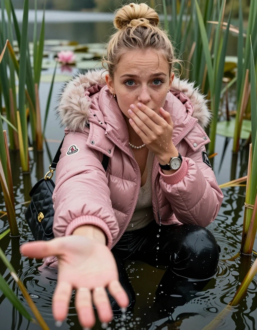 photo of young woman, in soaking wet, drenched clothes,
, black leatherleggings , Pink Moncler shiny puffer down coat with fur, v-neck sweater, shoulderbag, pearl necklace, bracelet, wristwatch, Go back in the water after diving in a lake with water lilies and reeds, 
enjoying, wet clothes stuck to body,
detailed textures of the wet clothes, wet face, wet plastered hair,
wet, drenched, professional, high-quality details, full body view.
sharp focus, ultra-high pixel detail, realistic, high-quality, full colors, incredibly detailed, 4k, 8k, 16k, hyper-realistic, RAW photo, masterpiece, ultra-detailed, professionally color graded, professional photograph, Blonde Topknot

15 years old  teenage girl

Looking slightly away, open mouth, big eyes. hold with a flat hand the viewer's hand, pulling them toward the center of the water.  The other hand covers her mouth. Whole body and shoulders are submerged under the surface. Looking up at camera. horny eyes.

she is completely underwater up to her neck,  sad but enjoying expression.

She hides in the reeds.

her submerged clothes are hardly vusible under water, she soaked her handbag into the water
she is completely underwater up to her neck, afraid and astonished expression. 

her clothing is soaking wet and clinging tightly to her skin, showing heavy wet folds, darkened fabric texture, and deep water-saturated Patches, her clothes are heavy from the water, water runs from her body and her clothes in streams. A lot of water also runs out of her clothes. Her clothes are darkened by the water. Her submerged clothes are good visible under the water.  she soaked her handbag into the water.

close up view, wet skin, wet clothes, wet hair, damp fabric, water runs down the clothes, wet skin, wet clothes, damp fabric. cinematic medium shot, hyper-realistic wetness, high-contrast water sheen, sharp focus, 16k resolution, professional photography, realistic water physics., wet skin, wet clothes, damp fabric, wet skin, wet clothes, damp fabric, wet skin, wet clothes, damp fabric