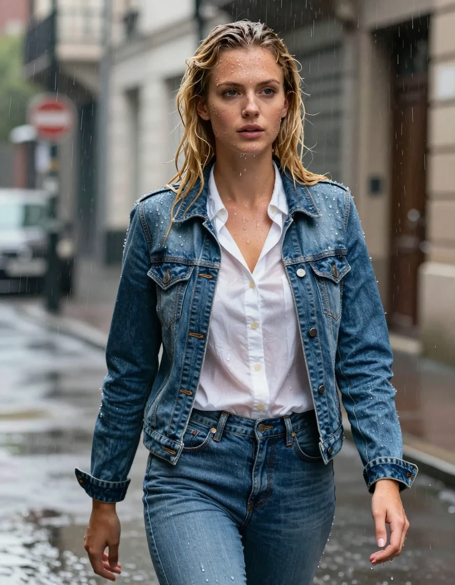 photo of young woman, in soaking wet, drenched clothes,
blue jeans, white shirt blouse, jeans jacket, city, 
enjoying, wet clothes stuck to body,
detailed textures of the wet clothes, wet face, wet plastered hair,
wet, drenched, professional, high-quality details, full body view.
sharp focus, ultra-high pixel detail, realistic, high-quality, full colors, incredibly detailed, 4k, 8k, 16k, hyper-realistic, RAW photo, masterpiece, ultra-detailed, professionally color graded, professional photograph, dripping wet, heavy rain, nasse haare, blond, ganzkörper, wet skin, wet clothes, damp fabric