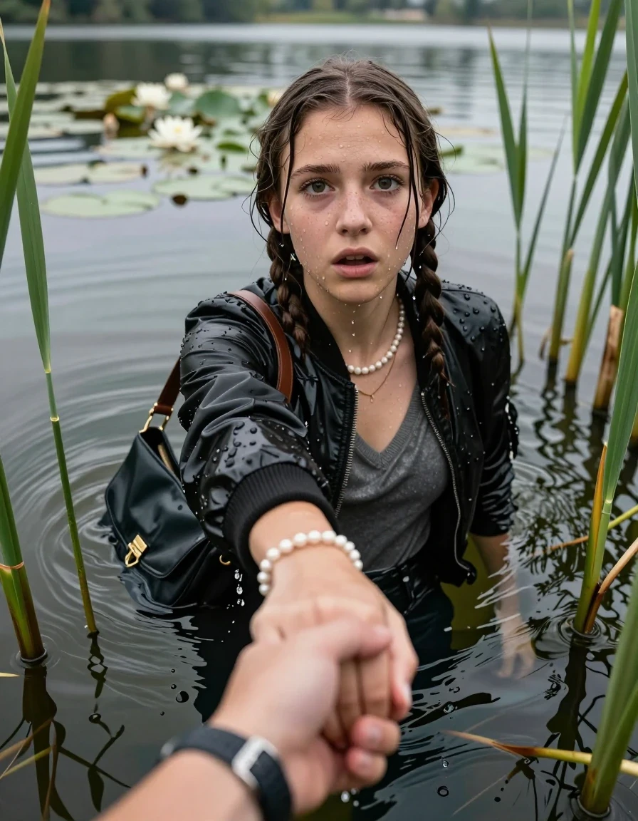 photo of young woman, in soaking wet, drenched clothes,
, black leatherleggings , Bomber jacket, v-neck sweater, shoulderbag, pearl necklace, bracelet, wristwatch, Go back deep into the water after diving in a lake with water lilies and reeds, 
enjoying, wet clothes stuck to body,
detailed textures of the wet clothes, wet face, wet plastered hair,
wet, drenched, professional, high-quality details, full body view.
sharp focus, ultra-high pixel detail, realistic, high-quality, full colors, incredibly detailed, 4k, 8k, 16k, hyper-realistic, RAW photo, masterpiece, ultra-detailed, professionally color graded, professional photograph, Pigtails

15 years old  teenage girl

Looking up, head in the neck, open mouth, big eyes. hold with her hands the other the viewer's hand, pulling them toward the center of the water.  Whole body and shoulders are submerged under the surface. Looking up at camera. horny eyes.

she is completely underwater up to her neck,  afraid and astonished expression.

She hides in the reeds.

her submerged clothes are hardly vusible under water, she soaked her handbag into the water
she is completely underwater up to her neck, afraid and astonished expression. 

her clothing is soaking wet and clinging tightly to her skin, showing heavy wet folds, darkened fabric texture, and deep water-saturated Patches, her clothes are heavy from the water, water runs from her body and her clothes in streams. A lot of water also runs out of her clothes. Her clothes are darkened by the water. Her submerged clothes are good visible under the water.  she soaked her handbag into the water.

close up view, wet skin, wet clothes, wet hair, damp fabric, water runs down the clothes, wet skin, wet clothes, damp fabric. cinematic medium shot, hyper-realistic wetness, high-contrast water sheen, sharp focus, 16k resolution, professional photography, realistic water physics., wet skin, wet clothes, damp fabric, wet skin, wet clothes, damp fabric, wet skin, wet clothes, damp fabric