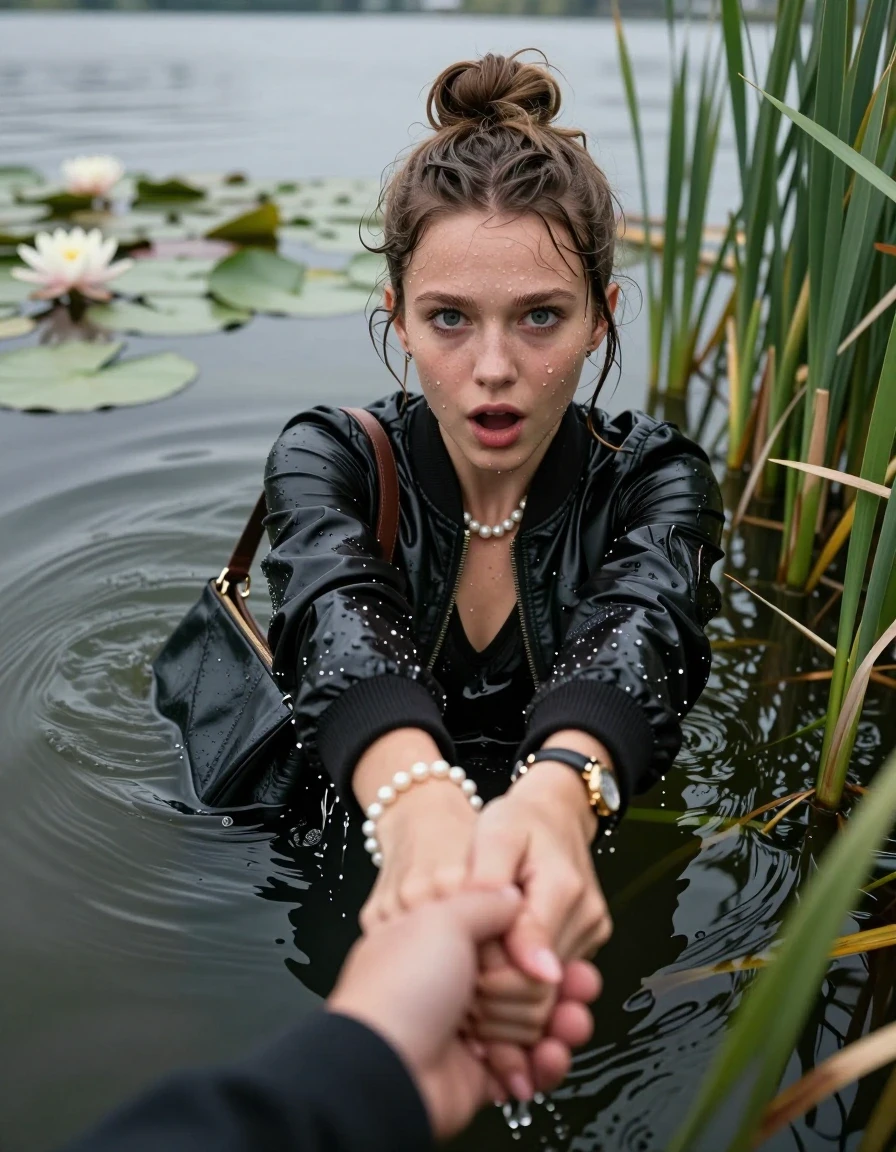 photo of young woman, in soaking wet, drenched clothes,
, black leatherleggings , Bomber jacket, v-neck sweater, shoulderbag, pearl necklace, bracelet, wristwatch, Go back deep into the water after diving in a lake with water lilies and reeds, 
enjoying, wet clothes stuck to body,
detailed textures of the wet clothes, wet face, wet plastered hair,
wet, drenched, professional, high-quality details, full body view.
sharp focus, ultra-high pixel detail, realistic, high-quality, full colors, incredibly detailed, 4k, 8k, 16k, hyper-realistic, RAW photo, masterpiece, ultra-detailed, professionally color graded, professional photograph, Topknot

15 years old  teenage girl

Looking up, head in the neck, open mouth, big eyes. hold with her hands the other the viewer's hand, pulling them toward the center of the water.  Whole body and shoulders are submerged under the surface. Looking up at camera. horny eyes.

she is completely underwater up to her neck,  afraid and sexuell astonished expression.

She hides in the reeds.

her submerged clothes are hardly vusible under water, she soaked her handbag into the water
she is completely underwater up to her neck, afraid and astonished expression. 

her clothing is soaking wet and clinging tightly to her skin, showing heavy wet folds, darkened fabric texture, and deep water-saturated Patches, her clothes are heavy from the water, water runs from her body and her clothes in streams. A lot of water also runs out of her clothes. Her clothes are darkened by the water. Her submerged clothes are good visible under the water.  she soaked her handbag into the water.

close up view, wet skin, wet clothes, wet hair, damp fabric, water runs down the clothes, wet skin, wet clothes, damp fabric. cinematic medium shot, hyper-realistic wetness, high-contrast water sheen, sharp focus, 16k resolution, professional photography, realistic water physics., wet skin, wet clothes, damp fabric, wet skin, wet clothes, damp fabric, wet skin, wet clothes, damp fabric
