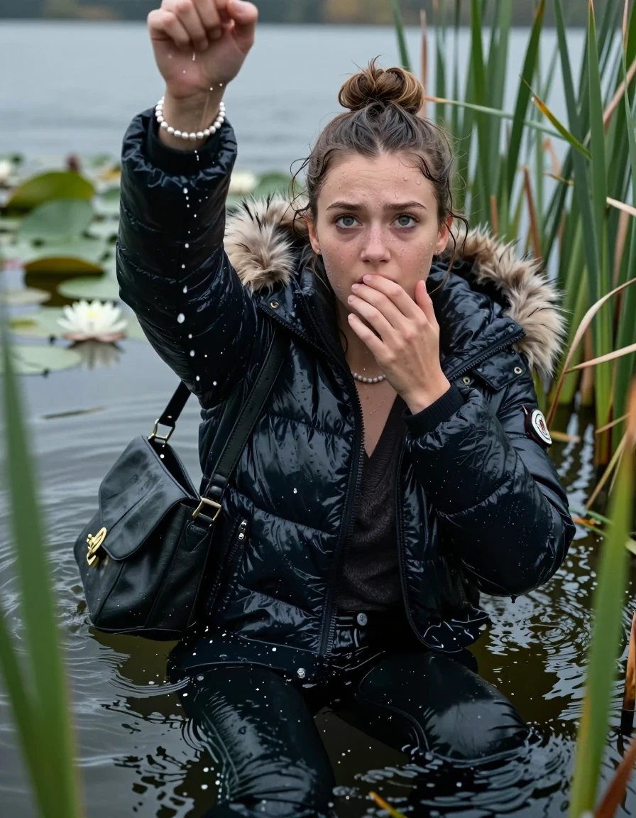 photo of young woman, in soaking wet, drenched clothes,
, black leatherleggings , Moncler shiny puffer down coat with fur, v-neck sweater, shoulderbag, pearl necklace, bracelet, wristwatch, Go back in the water after diving in a lake with water lilies and reeds, 
enjoying, wet clothes stuck to body,
detailed textures of the wet clothes, wet face, wet plastered hair,
wet, drenched, professional, high-quality details, full body view.
sharp focus, ultra-high pixel detail, realistic, high-quality, full colors, incredibly detailed, 4k, 8k, 16k, hyper-realistic, RAW photo, masterpiece, ultra-detailed, professionally color graded, professional photograph, Topknot

15 years old  teenage girl

Looking up, head in the neck, open mouth, big eyes. hold with a hand the viewer's hand, pulling them toward the center of the water.  The other hand covers her mouth. Whole body and shoulders are submerged under the surface. Looking up at camera. horny eyes.

she is completely underwater up to her neck,  sad but enjoying expression.

She hides in the reeds.

her submerged clothes are hardly vusible under water, she soaked her handbag into the water
she is completely underwater up to her neck, afraid and astonished expression. 

her clothing is soaking wet and clinging tightly to her skin, showing heavy wet folds, darkened fabric texture, and deep water-saturated Patches, her clothes are heavy from the water, water runs from her body and her clothes in streams. A lot of water also runs out of her clothes. Her clothes are darkened by the water. Her submerged clothes are good visible under the water.  she soaked her handbag into the water.

close up view, wet skin, wet clothes, wet hair, damp fabric, water runs down the clothes, wet skin, wet clothes, damp fabric. cinematic medium shot, hyper-realistic wetness, high-contrast water sheen, sharp focus, 16k resolution, professional photography, realistic water physics., wet skin, wet clothes, damp fabric, wet skin, wet clothes, damp fabric