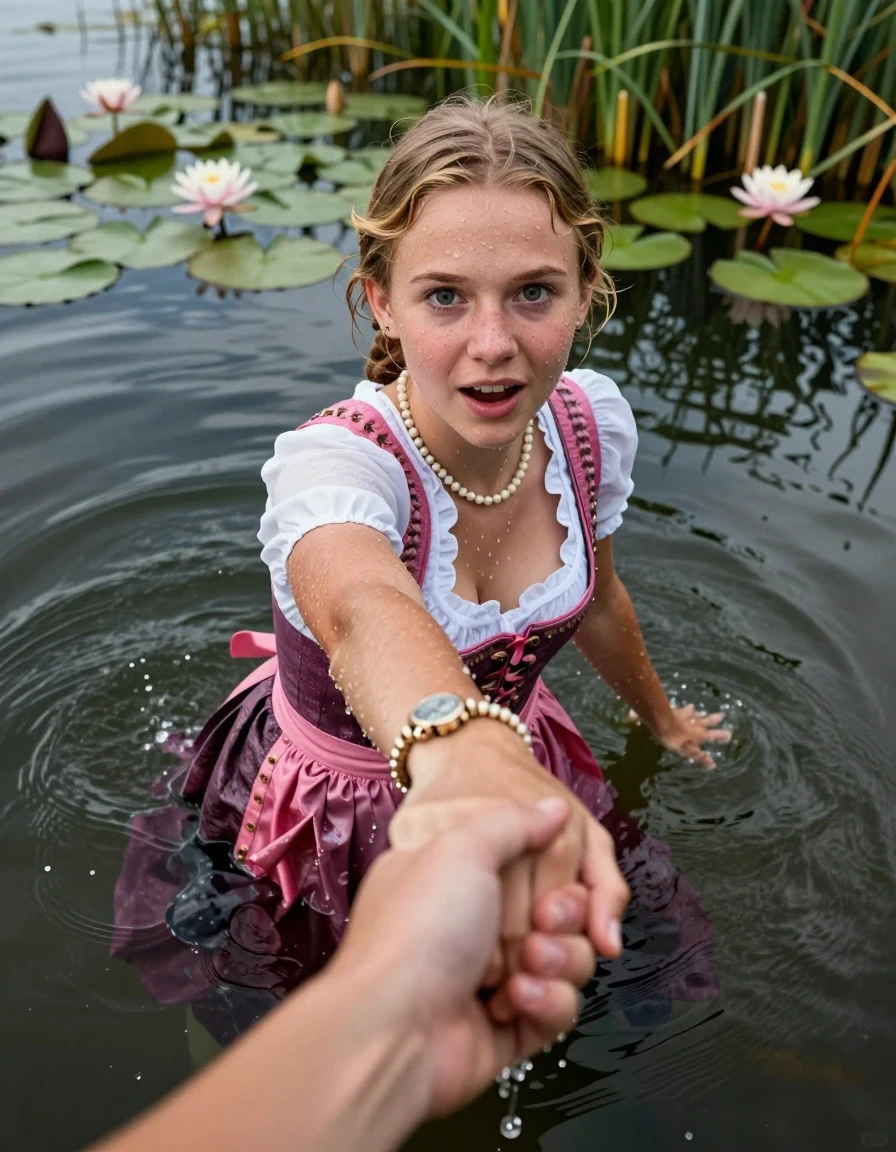 photo of young woman, in soaking wet, drenched clothes,
, , Short pink and white Dirndl, shoulderbag, pearl necklace, bracelet, wristwatch, Go back deep into the water after diving in a lake with water lilies and reeds, 
enjoying, wet clothes stuck to body,
detailed textures of the wet clothes, wet face, wet plastered hair,
wet, drenched, professional, high-quality details, full body view.
sharp focus, ultra-high pixel detail, realistic, high-quality, full colors, incredibly detailed, 4k, 8k, 16k, hyper-realistic, RAW photo, masterpiece, ultra-detailed, professionally color graded, professional photograph, Blonde Pigtails

15 years old  teenage girl

Looking up at camera, open mouth, big eyes. hold with a hand the other the viewer's hand, pulling them toward the center of the water. One hand in front of her face. Whole body and shoulders are submerged under the surface. Looking up at camera. horny eyes.

she is completely underwater up to her neck,  afraid and astonished expression. Slightly smile.

her submerged clothes are hardly vusible under water, she soaked her handbag into the water
she is completely underwater up to her neck, afraid and astonished expression. 

her clothing is soaking wet and clinging tightly to her skin, showing heavy wet folds, darkened fabric texture, and deep water-saturated Patches, her clothes are heavy from the water, water runs from her body and her clothes in streams. A lot of water also runs out of her clothes. Her clothes are darkened by the water. Her submerged clothes are good visible under the water.  she soaked her handbag into the water.

close up view, wet skin, wet clothes, wet hair, damp fabric, water runs down the clothes, wet skin, wet clothes, damp fabric. cinematic medium shot, hyper-realistic wetness, high-contrast water sheen, sharp focus, 16k resolution, professional photography, realistic water physics., wet skin, wet clothes, damp fabric, wet skin, wet clothes, damp fabric, wet skin, wet clothes, damp fabric