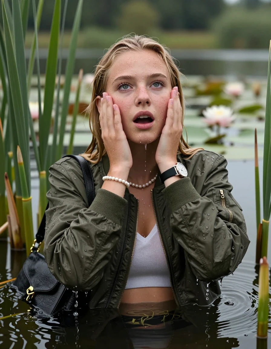 photo of young woman, in soaking wet, drenched clothes,
, , Bomber jacket, v-neck sweater belly free, shoulderbag, pearl necklace, bracelet, wristwatch, Go back in the water after diving in a lake with water lilies and reeds, 
enjoying, wet clothes stuck to body,
detailed textures of the wet clothes, wet face, wet plastered hair,
wet, drenched, professional, high-quality details, full body view.
sharp focus, ultra-high pixel detail, realistic, high-quality, full colors, incredibly detailed, 4k, 8k, 16k, hyper-realistic, RAW photo, masterpiece, ultra-detailed, professionally color graded, professional photograph, Blonde sleek Long straight hair

15 years old  teenage girl

Looking up at camera, open mouth, big eyes. hands on her face. Whole body and shoulders are submerged under the surface.

she is completely underwater up to her neck,  horny and  enjoying expression.

She hides in the reeds.

her submerged clothes are hardly vusible under water, she soaked her handbag into the water

her clothing is soaking wet and clinging tightly to her skin, showing heavy wet folds, darkened fabric texture, and deep water-saturated Patches, her clothes are heavy from the water, water runs from her body and her clothes in streams. A lot of water also runs out of her clothes. Her clothes are darkened by the water. Her submerged clothes are good visible under the water.  she soaked her handbag into the water.

close up view, wet skin, wet clothes, wet hair, damp fabric, water runs down the clothes, wet skin, wet clothes, damp fabric. cinematic medium shot, hyper-realistic wetness, high-contrast water sheen, sharp focus, 16k resolution, professional photography, realistic water physics., wet skin, wet clothes, damp fabric, wet skin, wet clothes, damp fabric, wet skin, wet clothes, damp fabric